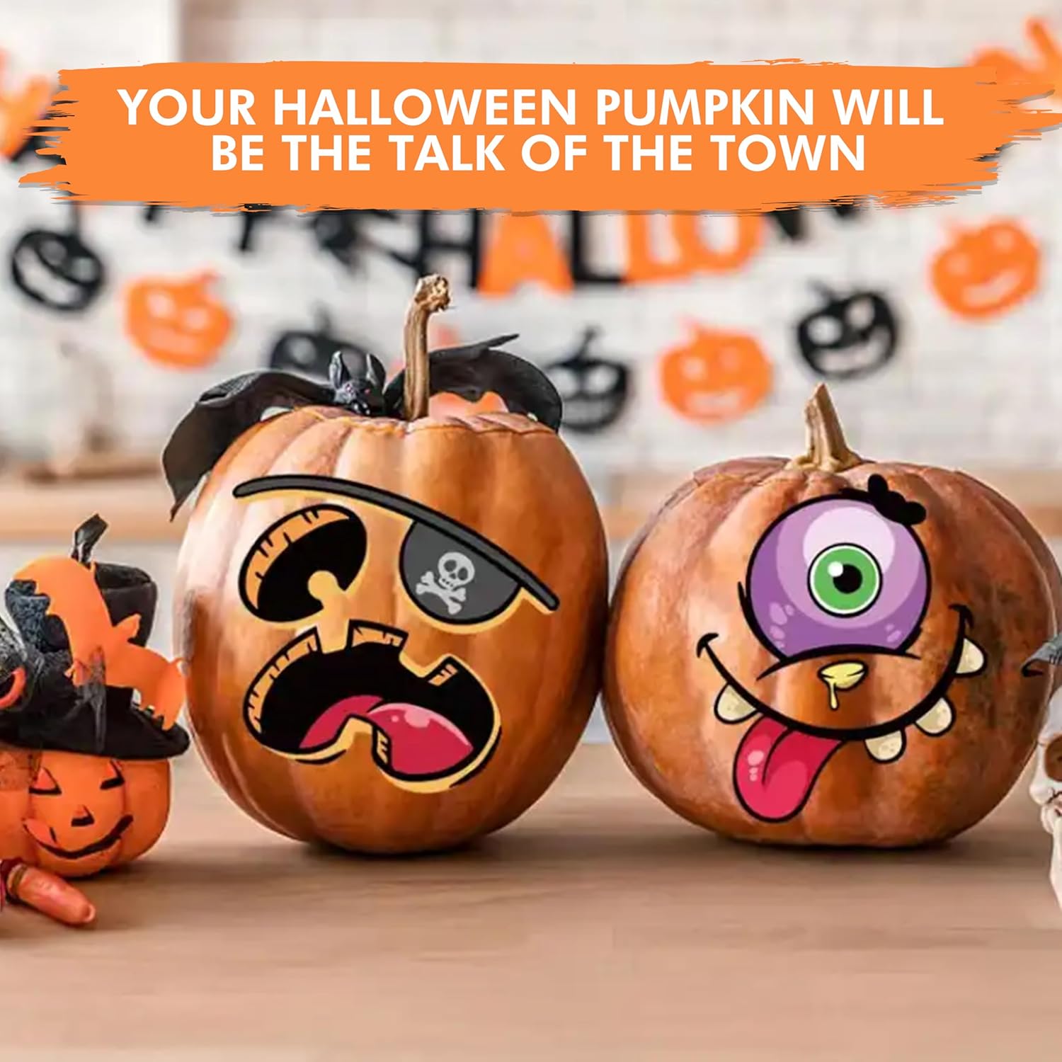 Calcomanías de calabaza de Halloween para niños, 30 calcomanías de vinilo de cara de calabaza para niños, calcomanías vibrantes que no se repiten