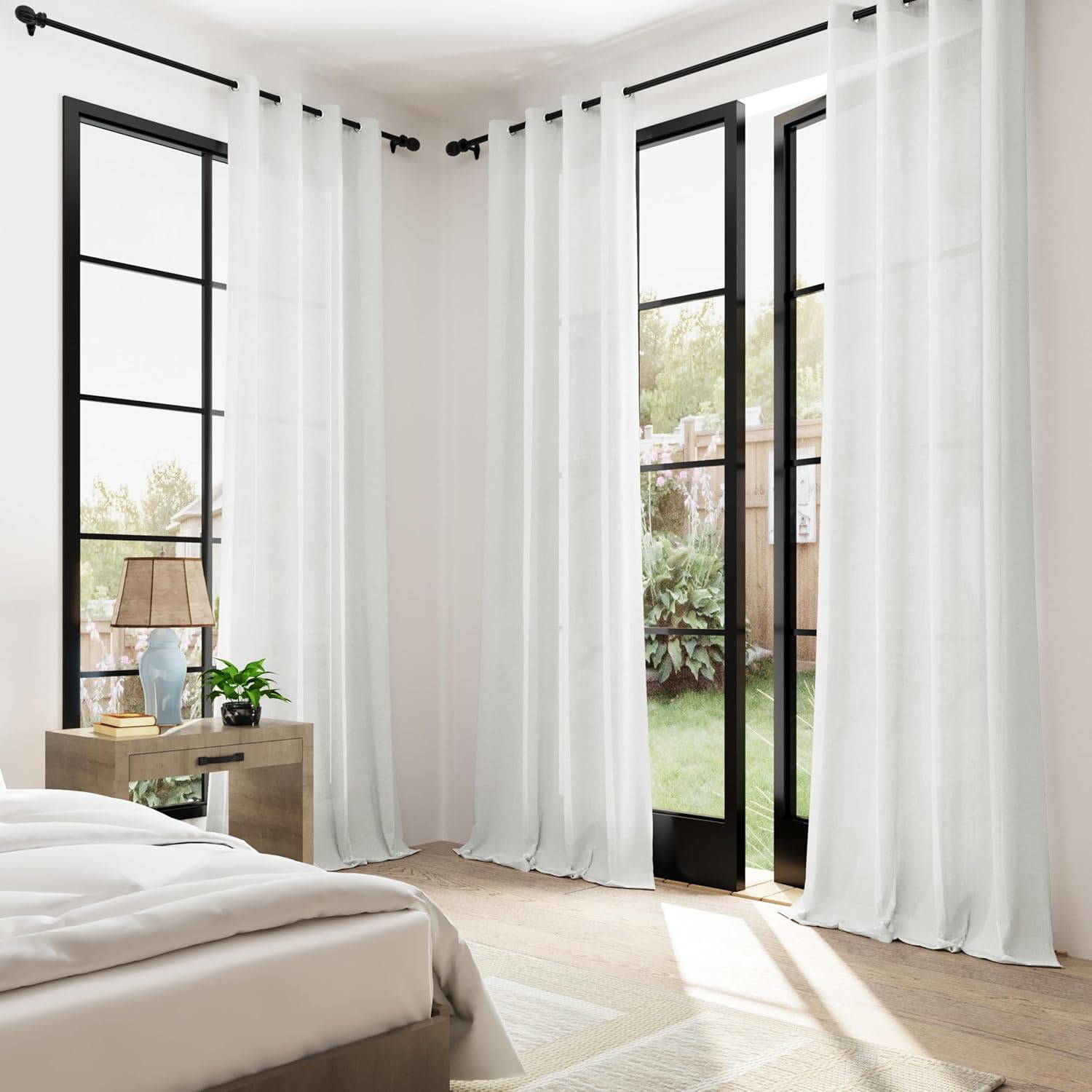 Cortinas de lino blanco roto de 84 pulgadas de largo, juego de 2 paneles de cortinas de lino semitransparentes con ojales para dormitorio, filtro de