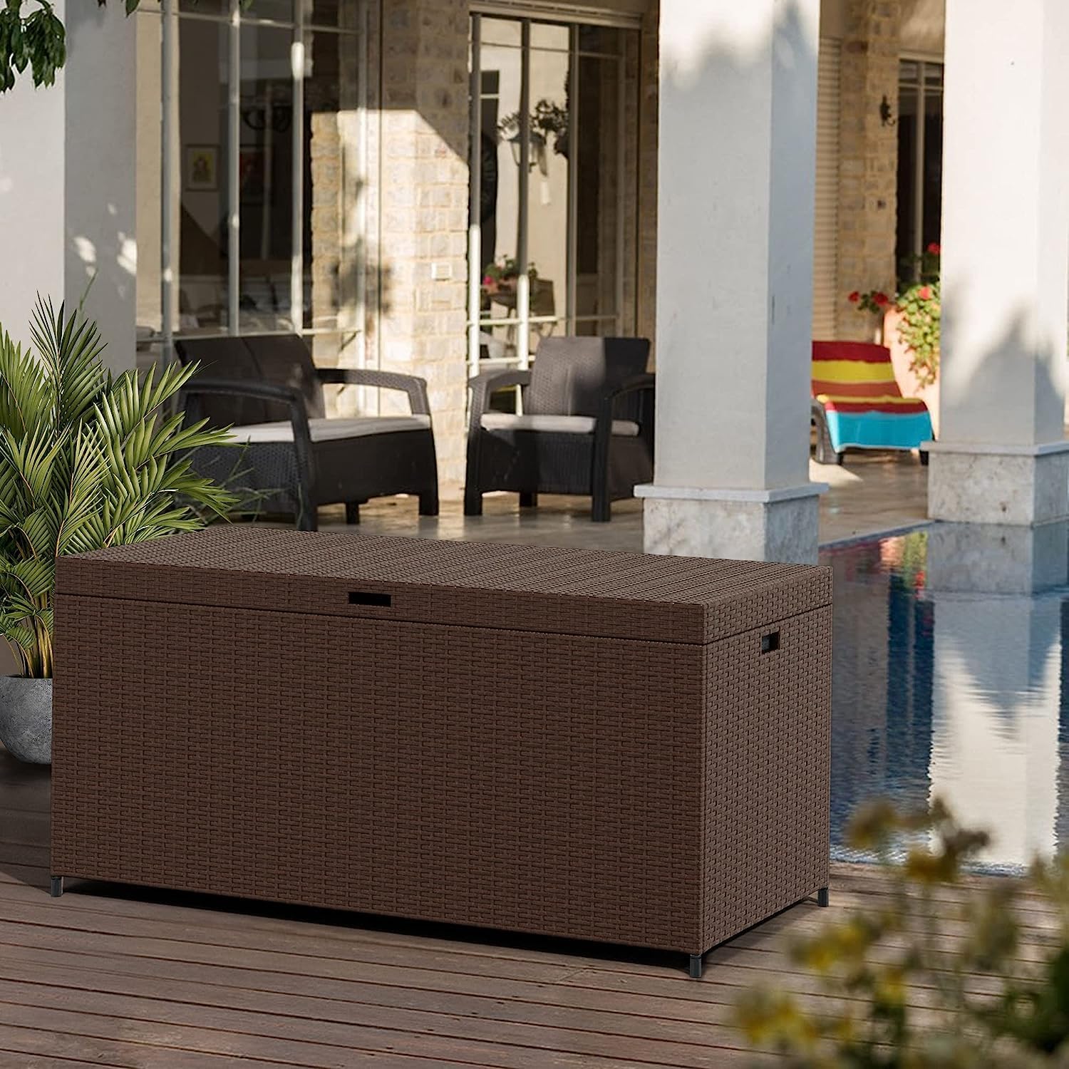 EDWINENE Caja de cubierta de 140 galones para almacenamiento al aire libre con diseño amigable con el jardín, ideal para muebles de patio, juguetes