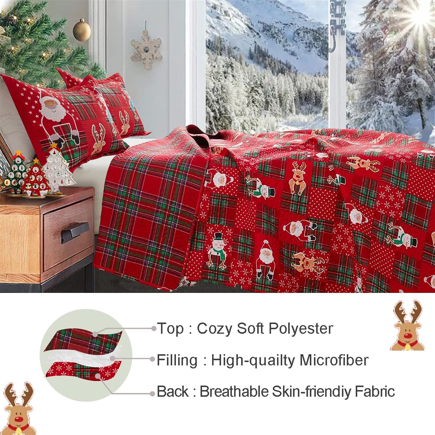 Colchas reversibles de Papá Noel de Navidad, color rojo, verde, tamaño King, diseño de reno, muñeco de nieve, colcha a cuadros, regalo de Año Nuevo,