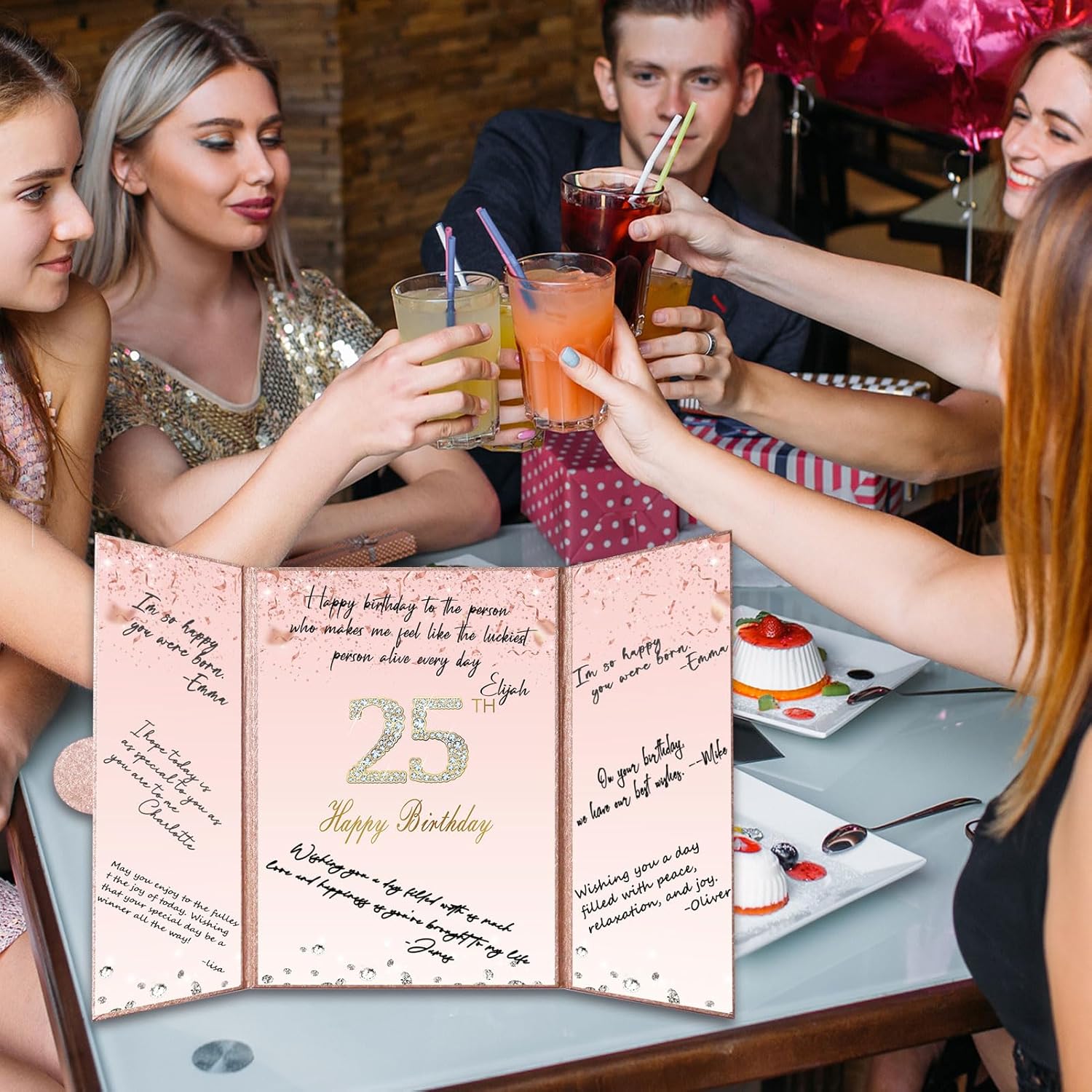Crenics Decoraciones de oro rosa para cumpleaños número 25, alternativa creativa de libro de inicio de sesión de invitada de cumpleaños de 25, libro