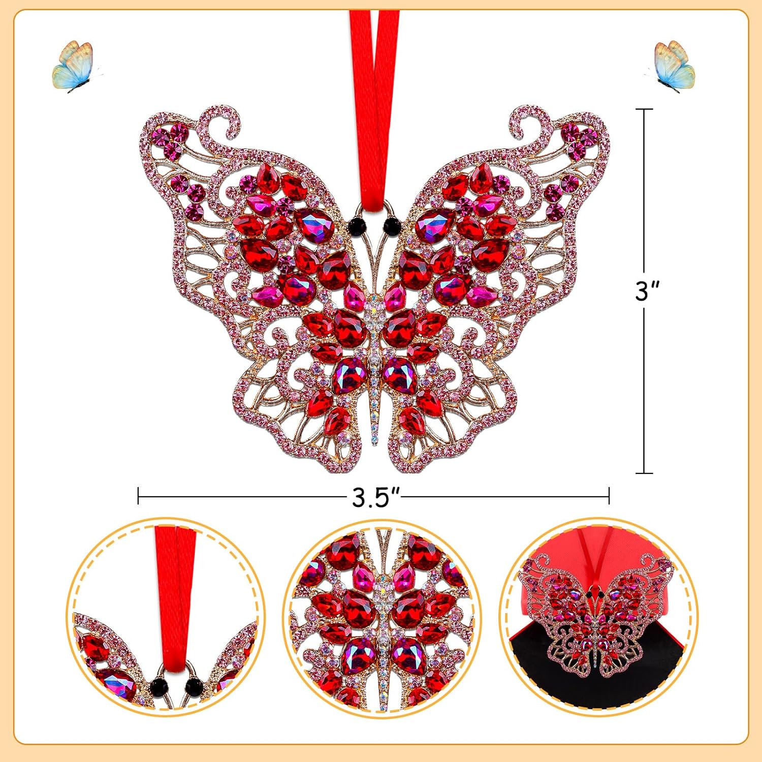 Adornos de mariposa para árbol de Navidad, adornos de mariposa rosa de metal, adorno colgante para árbol de Navidad, mariposa monarca, regalos de
