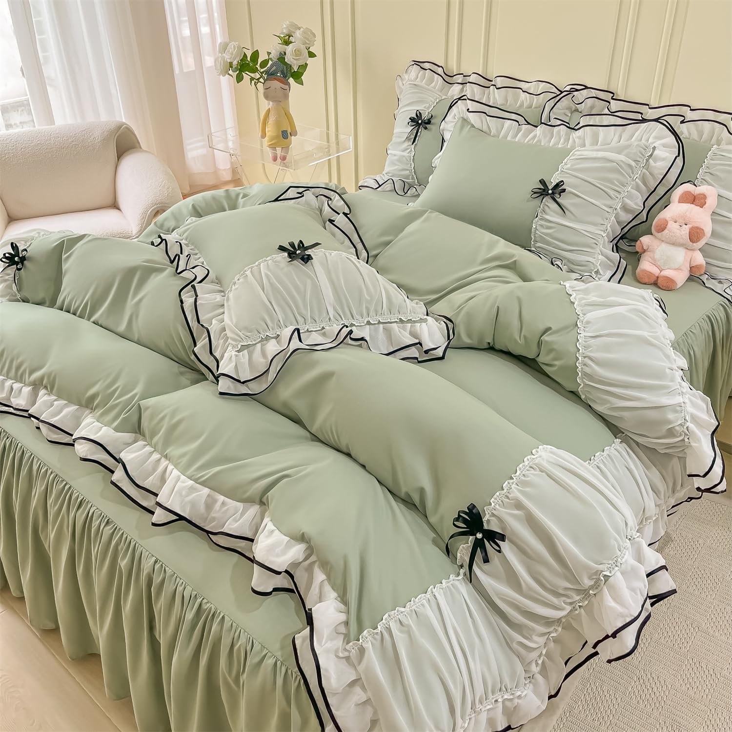 IHOUSTRIY Juego de funda de edredón para niños, tamaño matrimonial, juego de ropa de cama con volantes con corbatín, juego de funda de edredón de 3