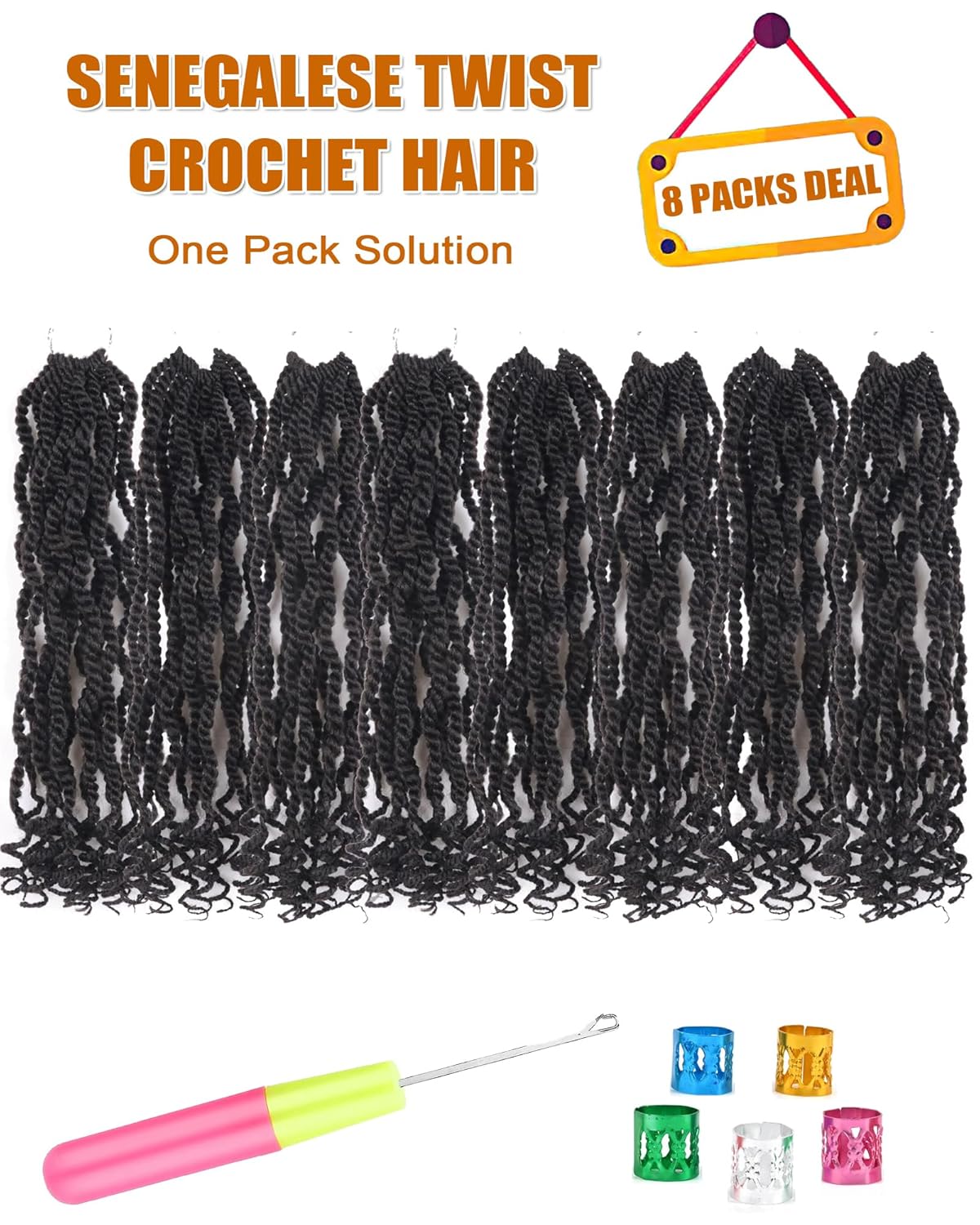 Cabello senegalés de ganchillo con rizos 4, cabello senegalés para mujeres negras, 12 pulgadas, 8 paquetes de trenzas de ganchillo con extremos