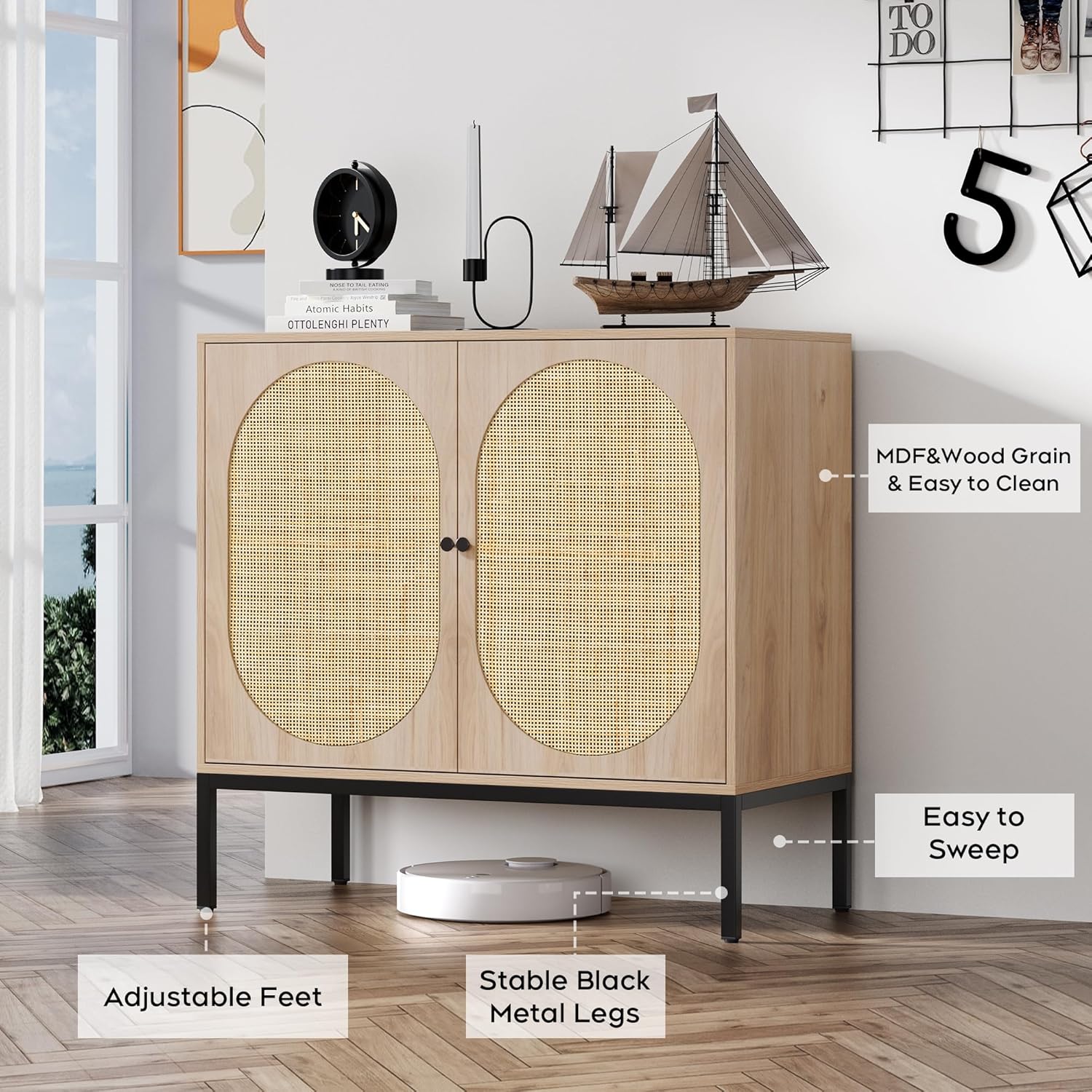 Brafab Aparador Buffet Gabinete con Almacenamiento, Armario Aparador con Puertas Decoradas de Ratán Natural, Gabinete de Ratán, Gabinete de Acento,