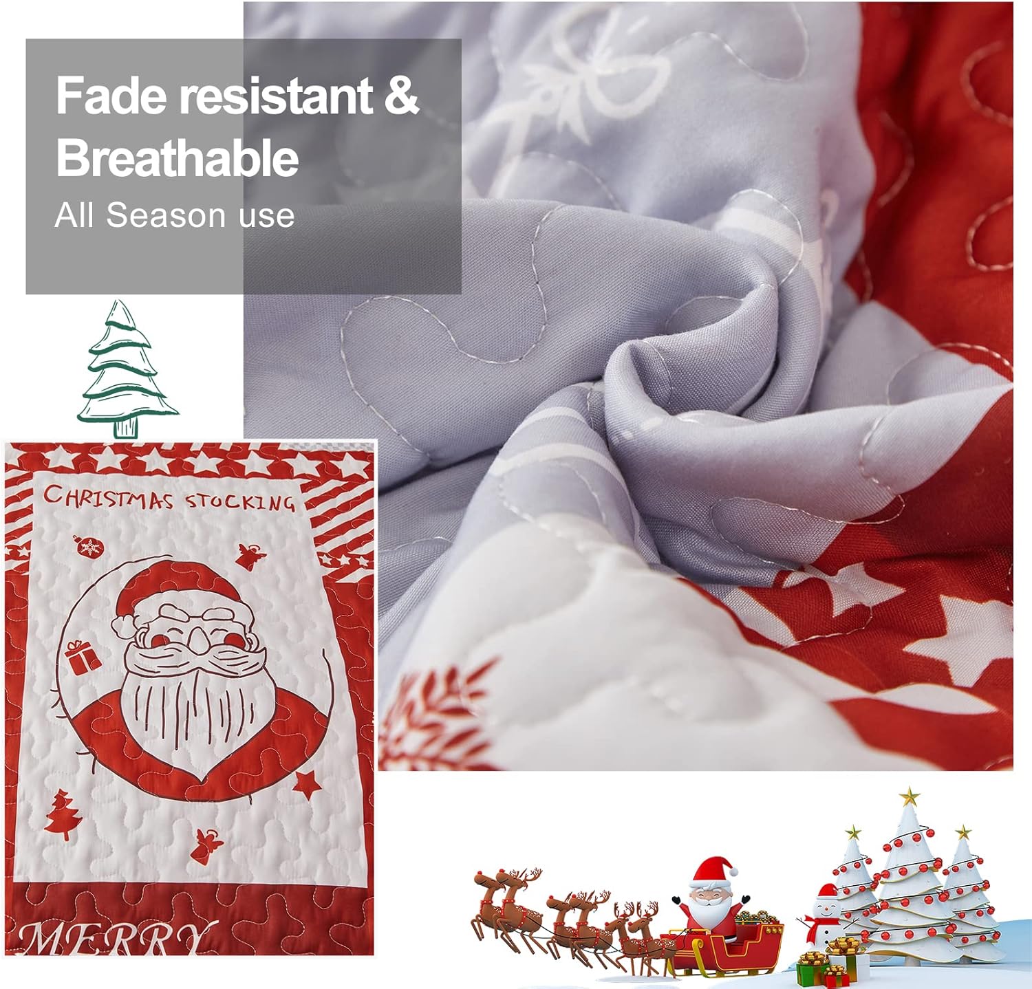 Juego de edredón de Navidad, tamaño Queen, color rojo, estampado de Papá Noel, muñeco de nieve, colcha de microfibra suave con 2 fundas de almohada