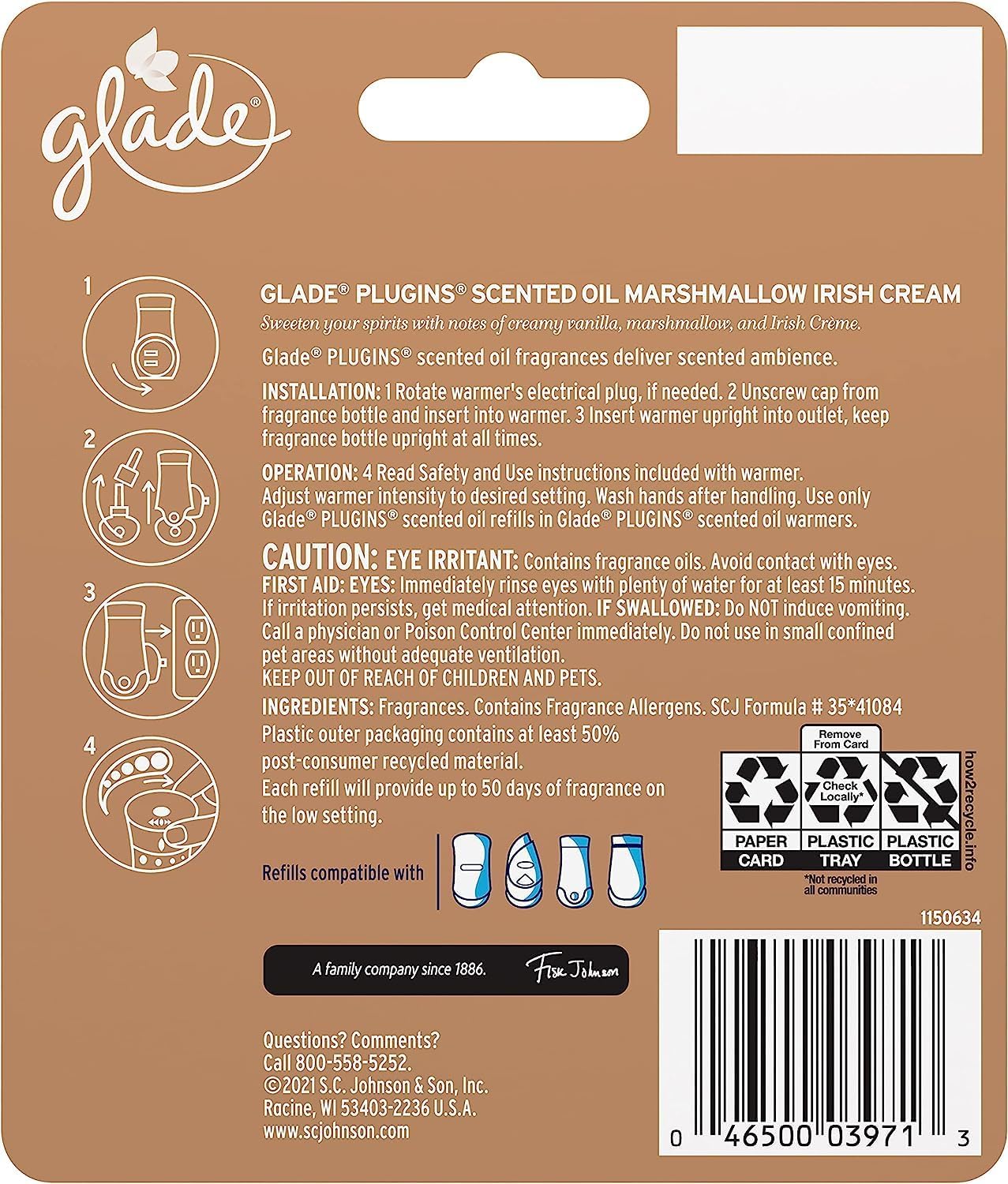 Glade PlugIns – Recambios de ambientador, aceites esenciales y perfumados para el hogar y el baño (Marshmallow Irish Cream, 0.67 onzas líquidas