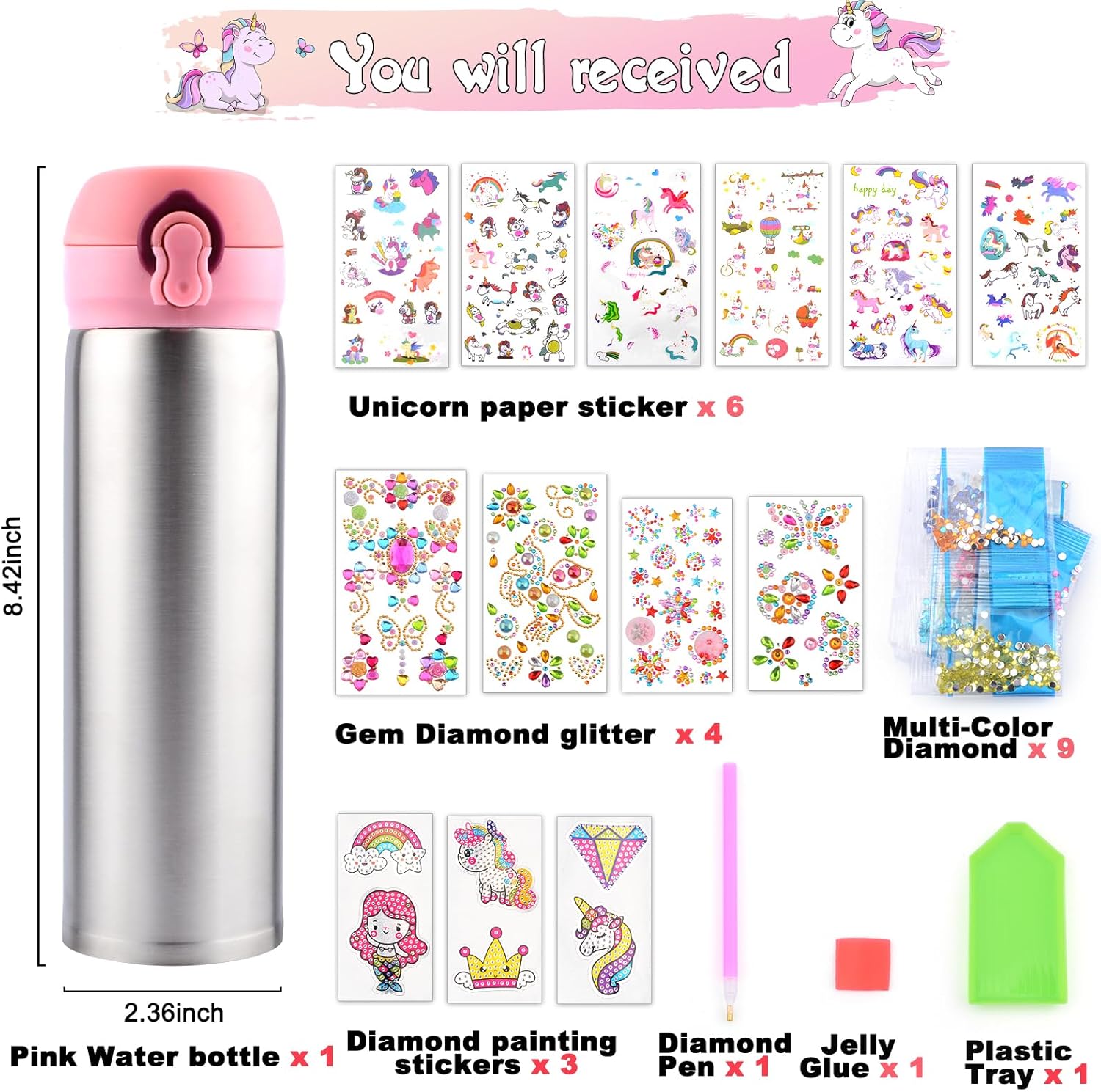 Decorate Your Own Water Bottle, Birthday Mothers Day Gifts for Kids Age 4 5 6 7 8 9 10 Years Old Kids with Unicorn Rhinestone Glitter Gem Stickers