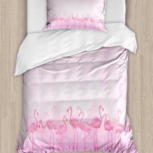 Ambesonne Juego de funda de edredón de flamencos, bandada de flamencos caribeños sobre lago y pájaros, estampado abstracto de reflexión, juego de Ambesonne Juego de funda de edredón de flamencos, bandada de flamencos caribeños sobre lago y pájaros, estampado abstracto de reflexión, juego de