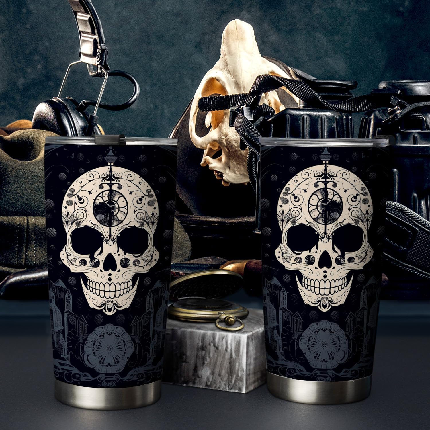 Vaso de Halloween de 20 onzas  Vaso de calavera  Vaso de calavera de calabaza de Halloween, taza de viaje aislada con tapa, termo de café para