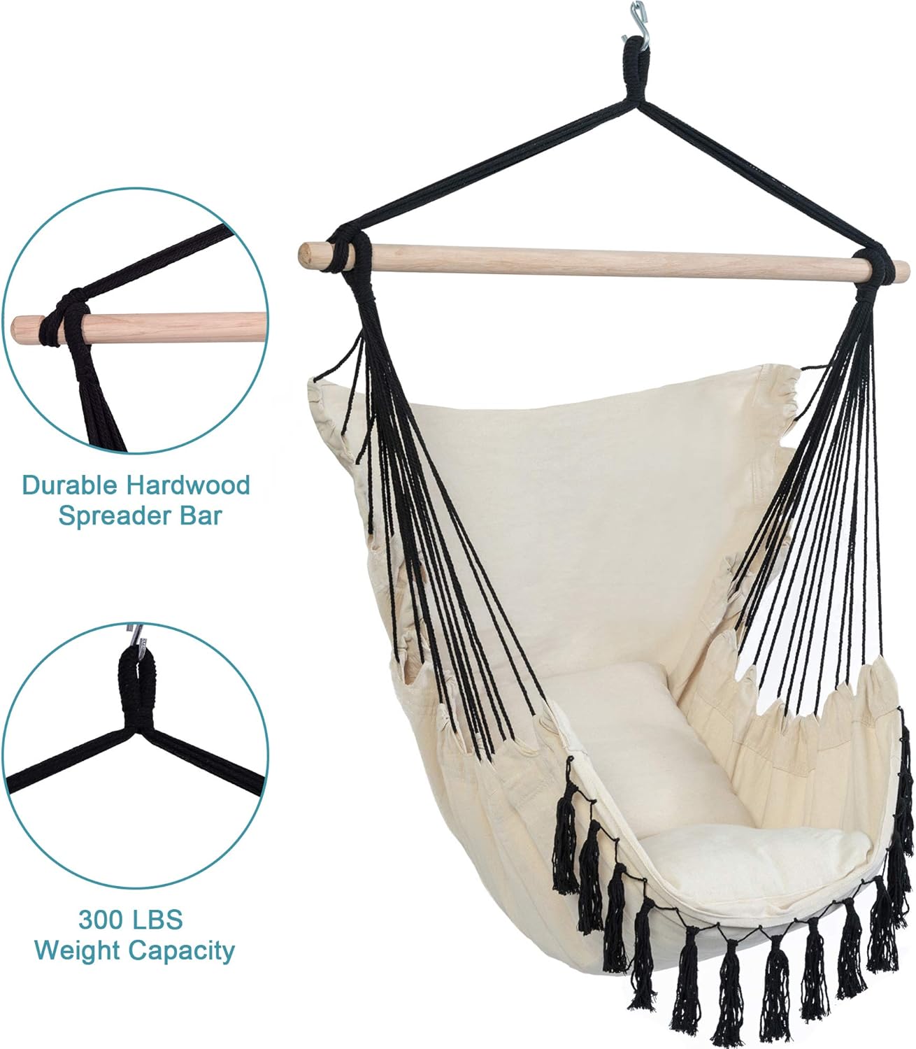 Lazy Daze Hammocks Silla colgante de cuerda de algodón, asiento de macramé, incluye dos cojines de asiento, bolsa de transporte y accesorios,
