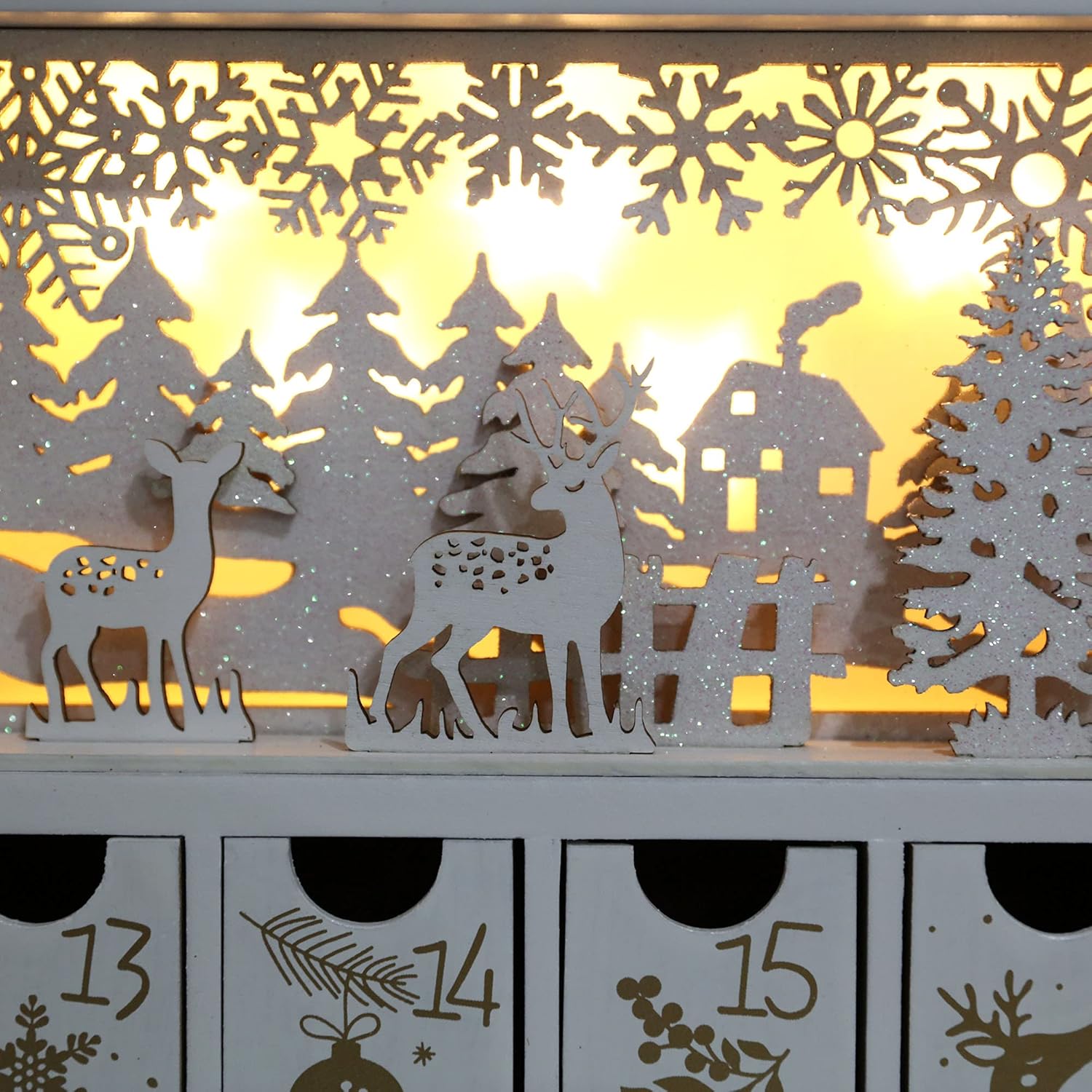 PIONEER-EFFORT Calendario de Adviento de madera de Navidad con LED, blanco y dorado, cuenta regresiva de renos de Navidad, regalos de vacaciones con