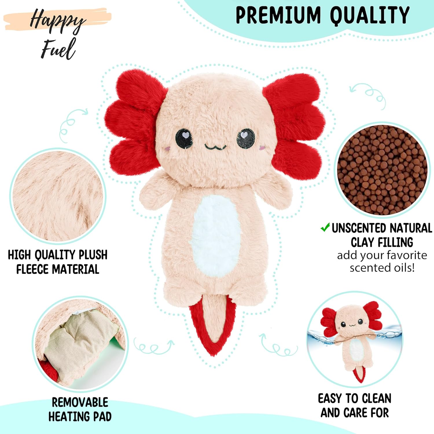 Axolotl – Almohadilla térmica para microondas sin perfume de 1.5 libras para mujeres y niños, bonita almohada suave y acogedora de felpa calentable,