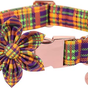 Collar de perro de Halloween con flor, collar de perro a cuadros de Halloween para hembras pequeñas, collar de perro de otoño e invierno con hebilla Collar de perro de Halloween con flor, collar de perro a cuadros de Halloween para hembras pequeñas, collar de perro de otoño e invierno con hebilla