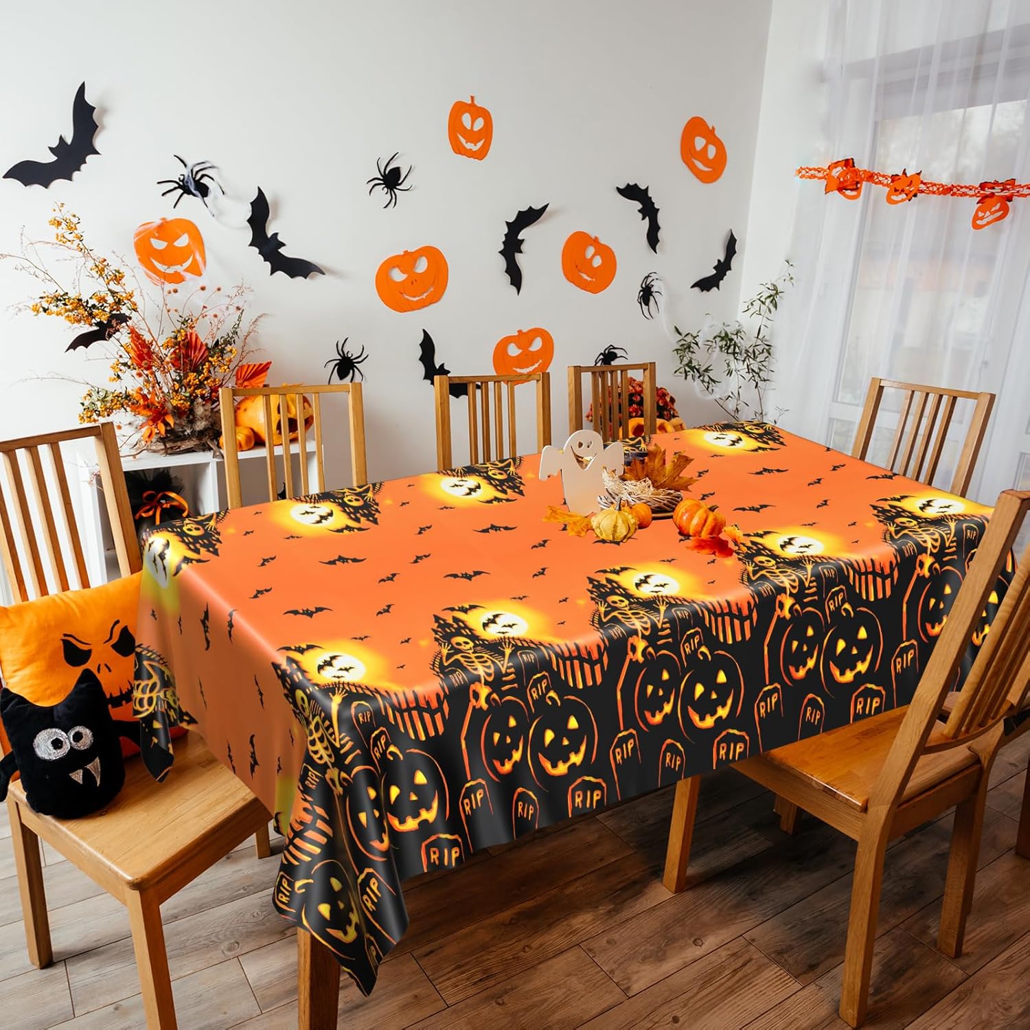 PLULON Paquete de 3 manteles de Halloween de 54 x 108 pulgadas, diseño de calabaza, murciélago, esqueleto, calavera, mantel de plástico para