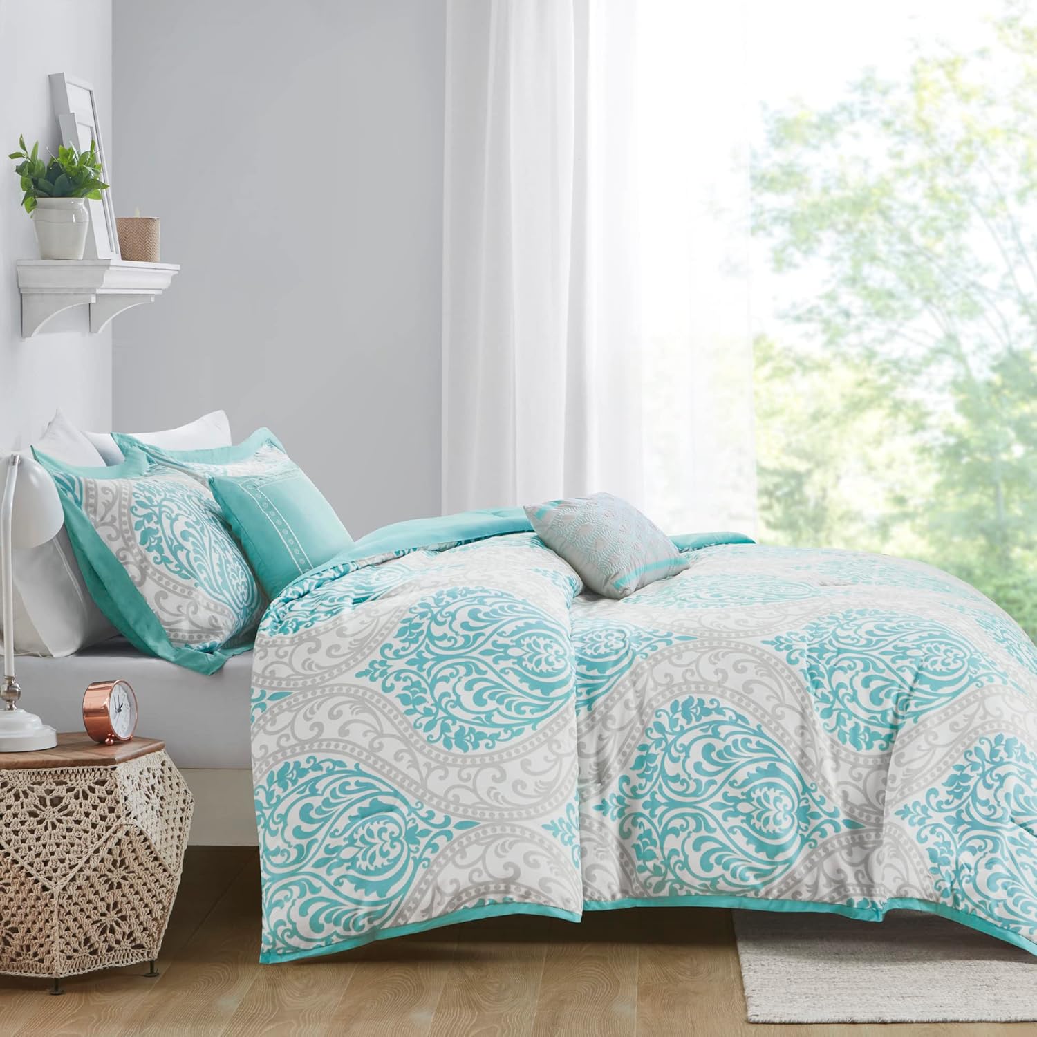 Intelligent Design Senna – Juego de edredón tamaño individualindividual XL, color azul aguamarinagris, damasco, juegos de cama de 4 piezas, ropa de
