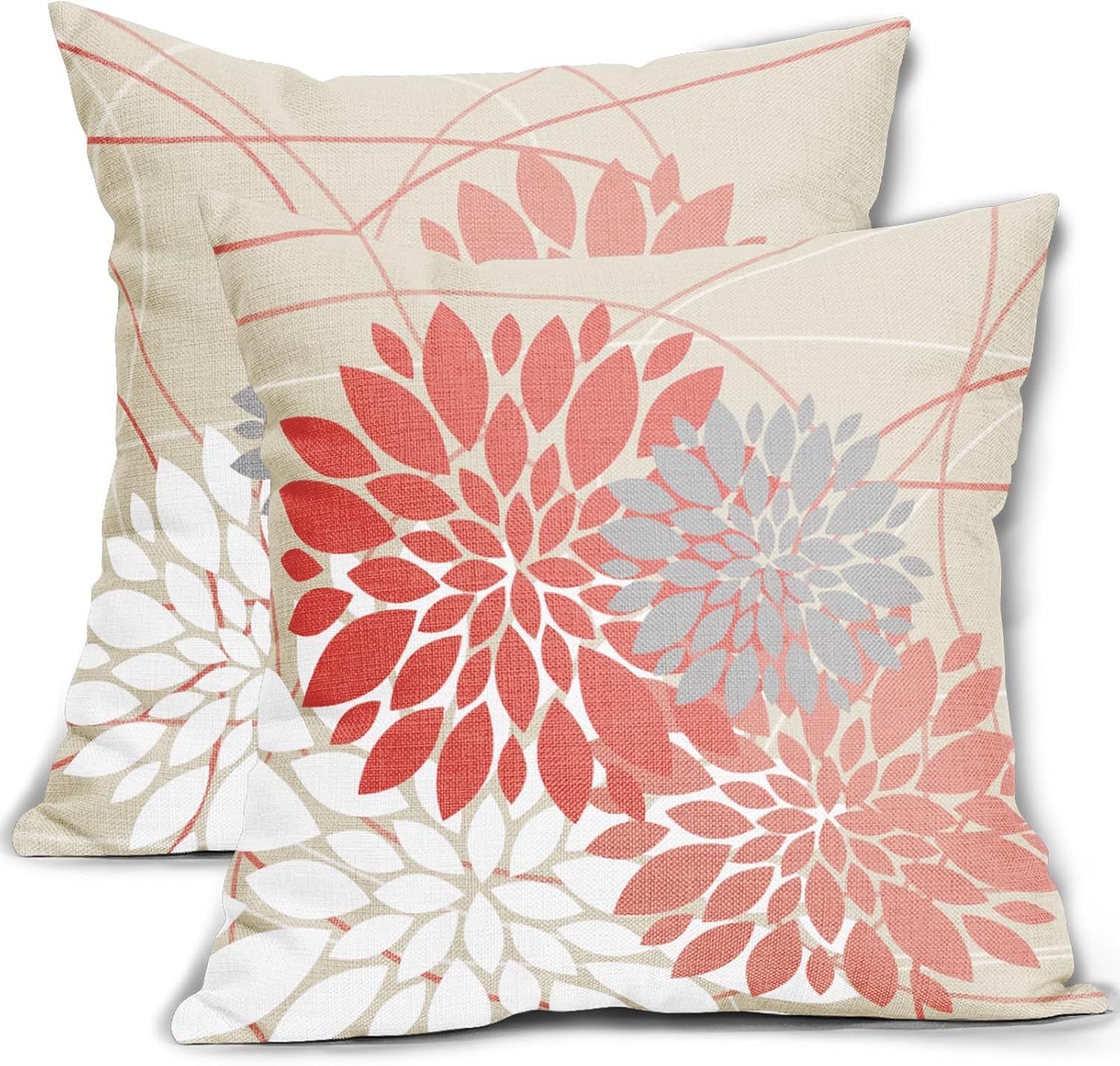 Juego de 2 fundas de almohada coral de 18 x 18 pulgadas, diseño de flores de dalia oscuro y rosa coral claro, decoración de exteriores para el