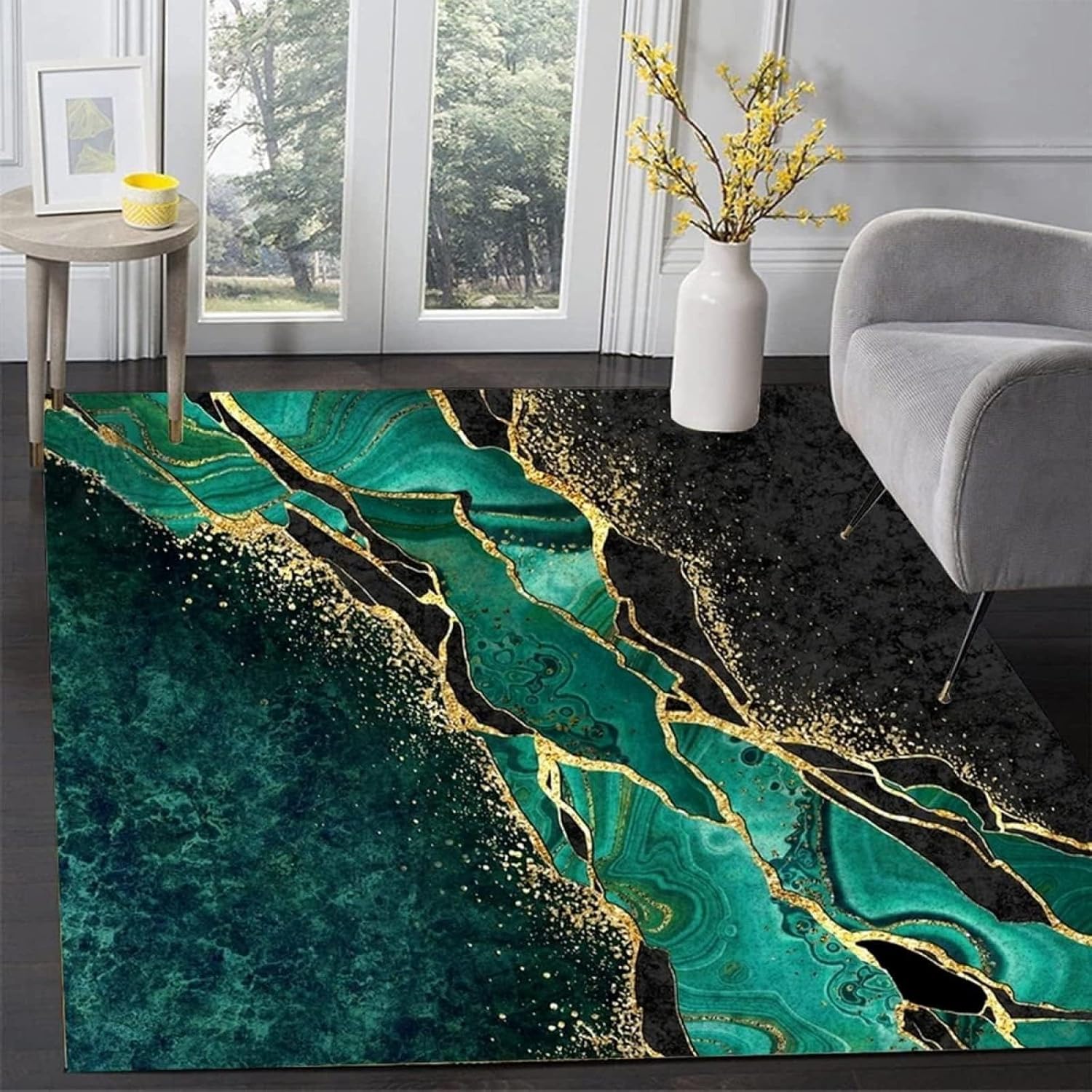 AONIGE Alfombra de área de mármol verde esmeralda, líneas negras doradas abstractas, alfombra grande antideslizante para interiores, para sala de