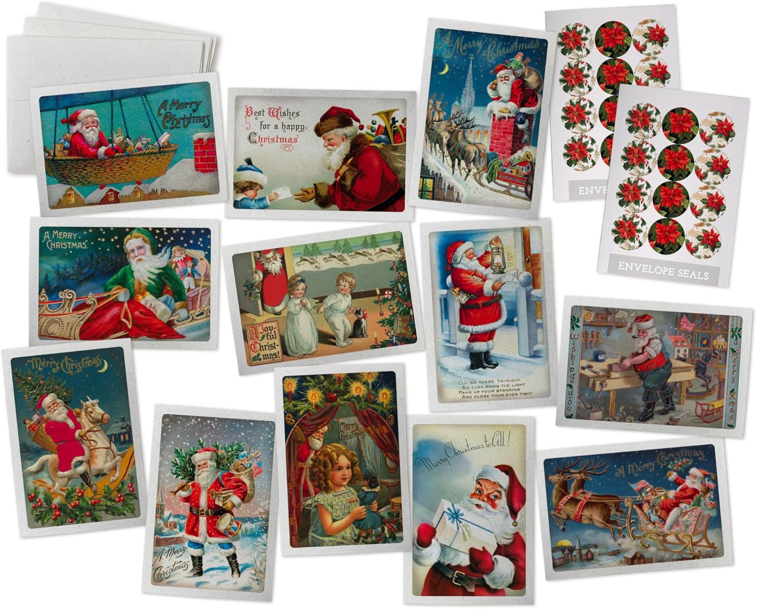 Tarjetas de Navidad vintage de Papá Noel, 24 tarjetas de Navidad antiguas y sellos de calcomanías vintage, 12 tarjetas de ilustración de Papá Noel