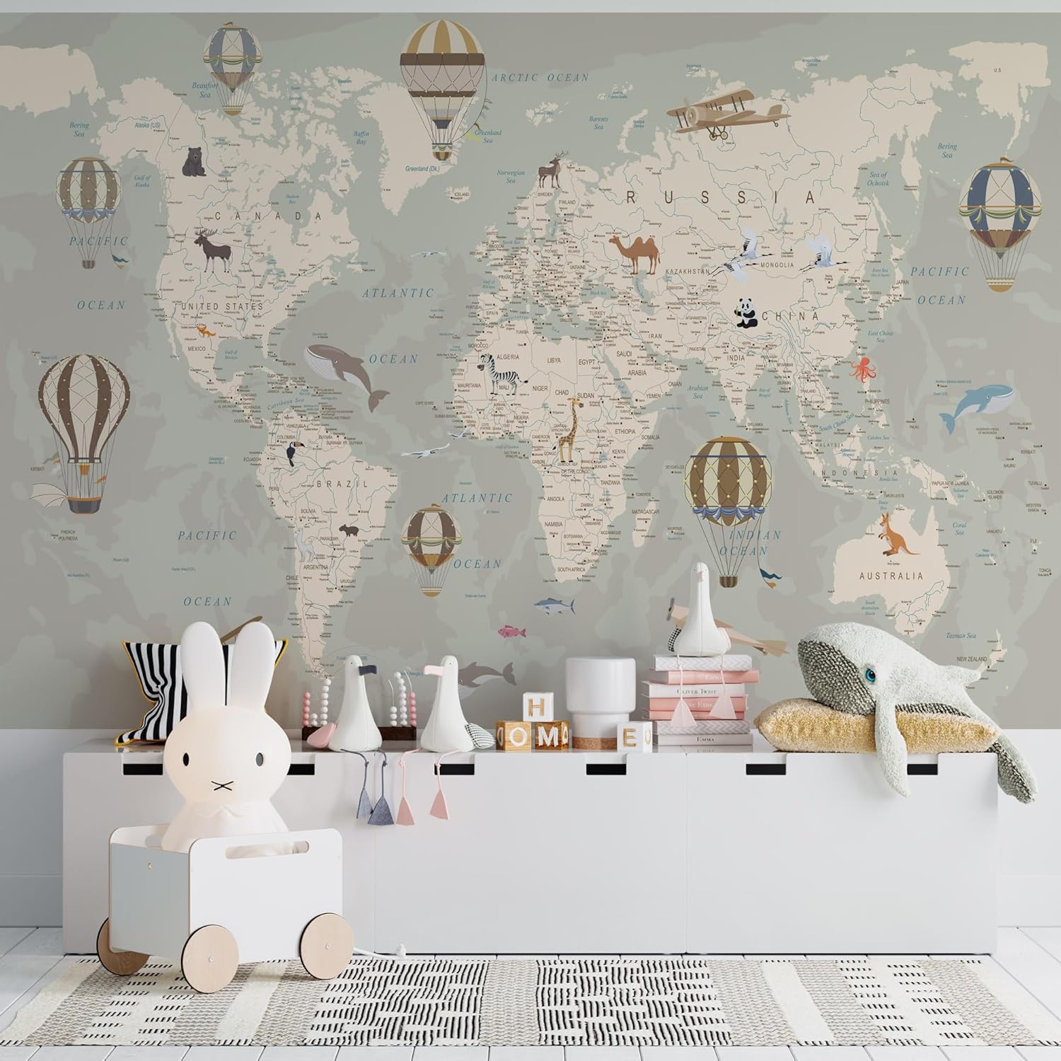 Papel tapiz autoadhesivo con mapa del mundo, arte de pared de vinilo removible para decoración de guardería para niños y niñas, habitación de niños,