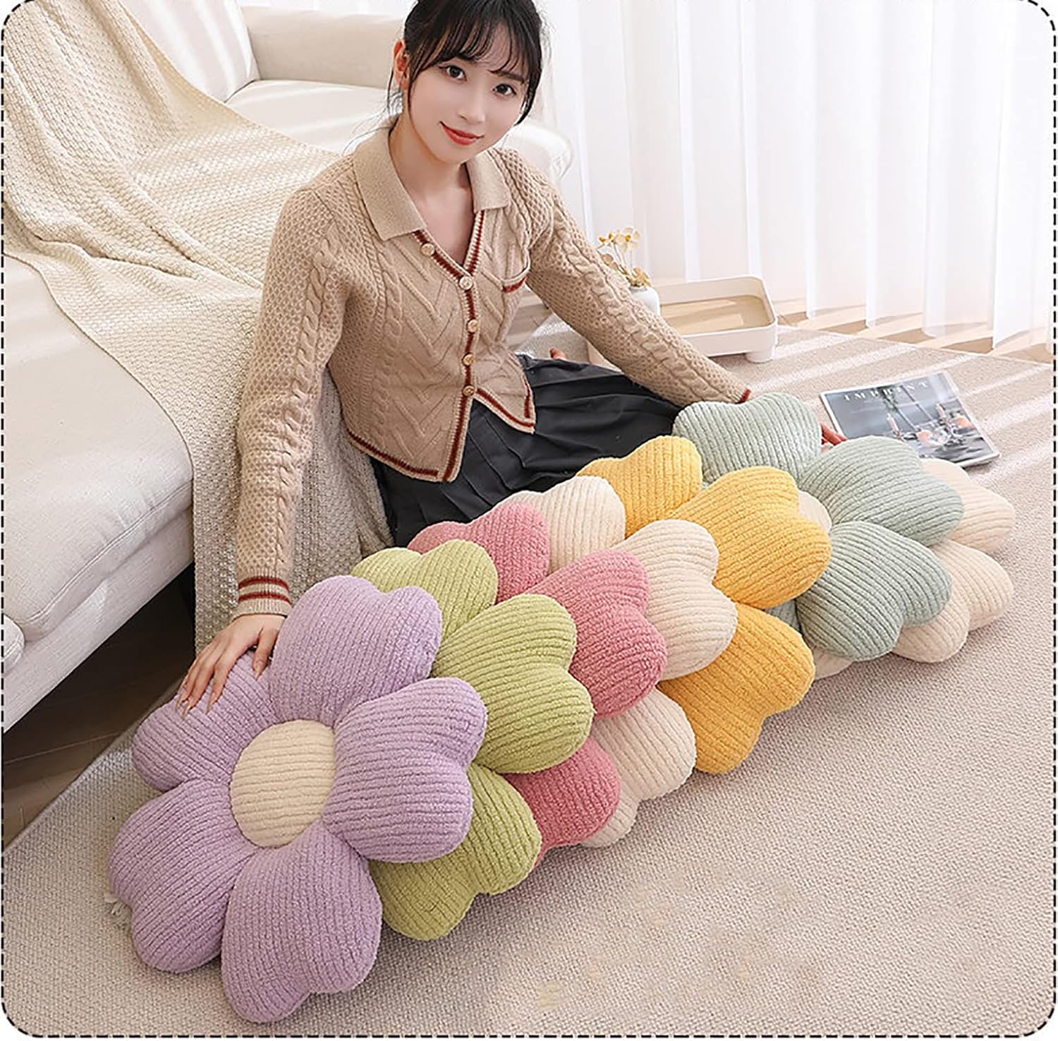 Almohada de pétalos de felpa agradable a la piel. Suave y cómoda, esponjosa y completa, meticulosa mano de obra (19 pulgadas, amarillo)