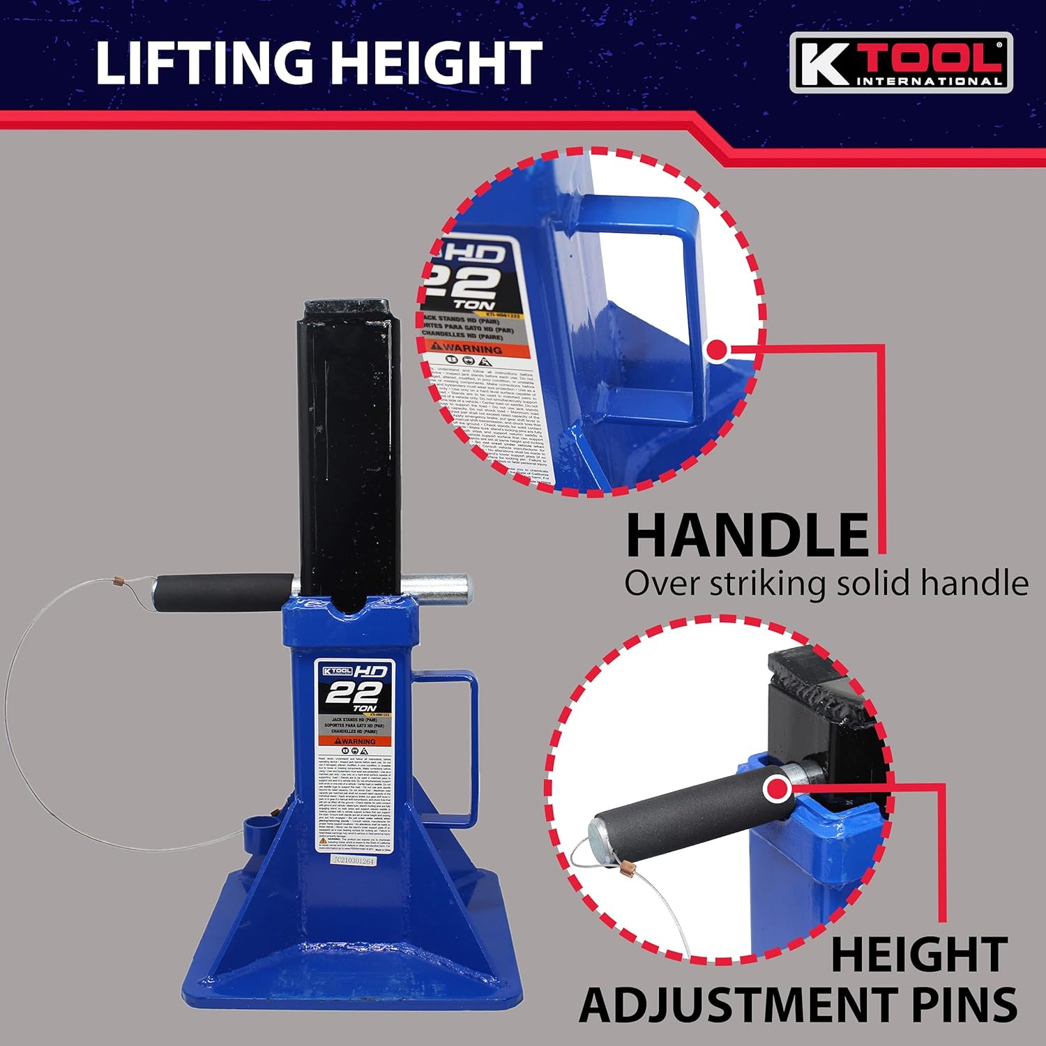 K Tool International HD61222 – Soportes de gato automotriz de 22 toneladas para garajes, talleres de reparación y bricolaje, estilo pin, sillín en