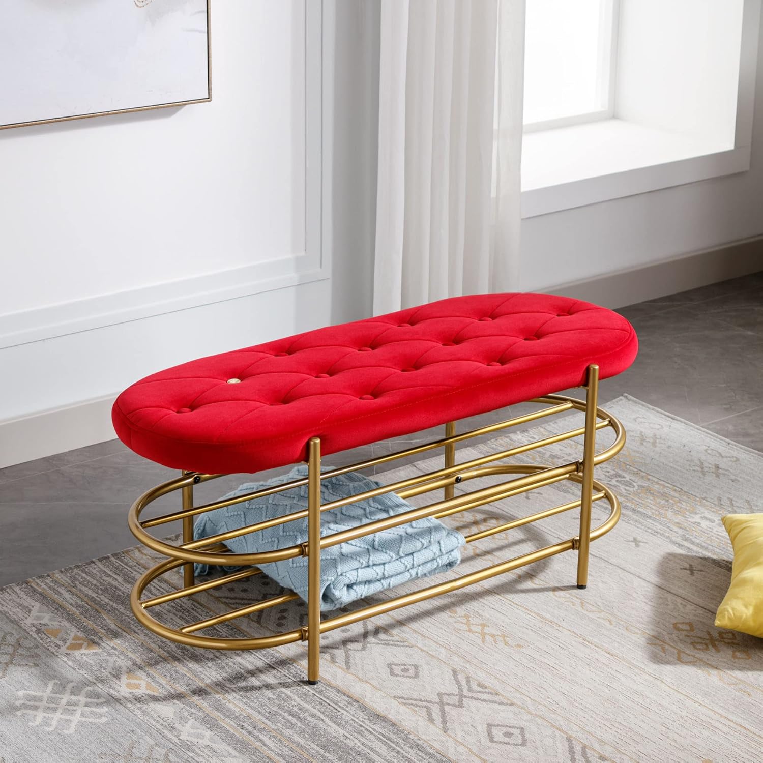 Banco de terciopelo con almacenamiento, banco de extremo de cama con estante doble, banco tapizado para zapatos con patas doradas, para dormitorio,