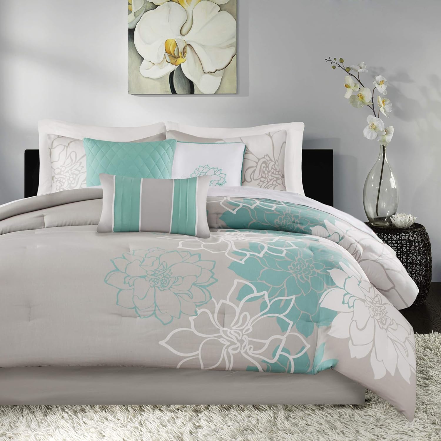 Madison Park. Juego de edredón Lola, de satén de algodón, diseño casual de medallón floral para todas las temporadas, fundas de cama, falda,