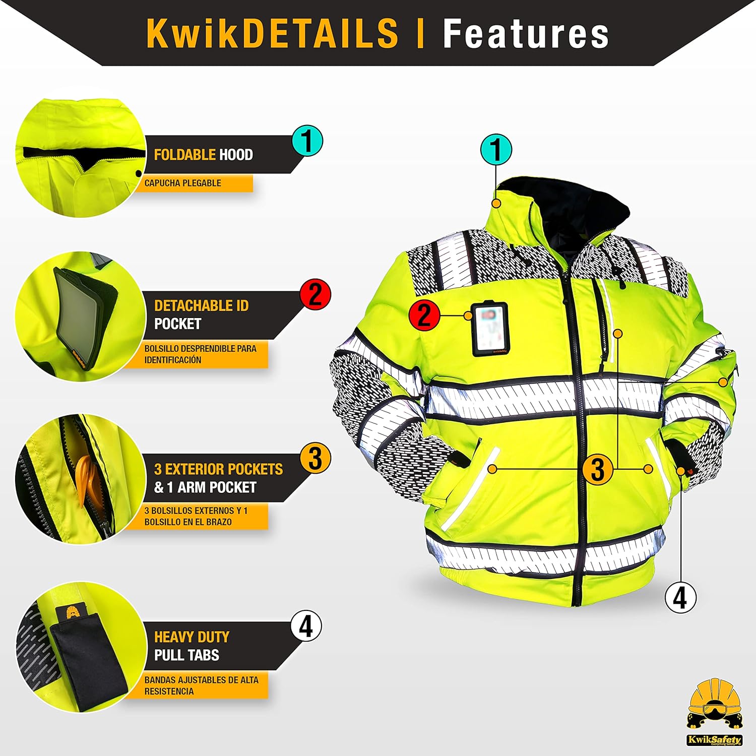 KwikSafety Chaqueta de seguridad ENFORCER, UNIVERSE & MARSHAL bolsillo para identificación y capucha plegable Clase 3 Probado por ANSI Cumple con
