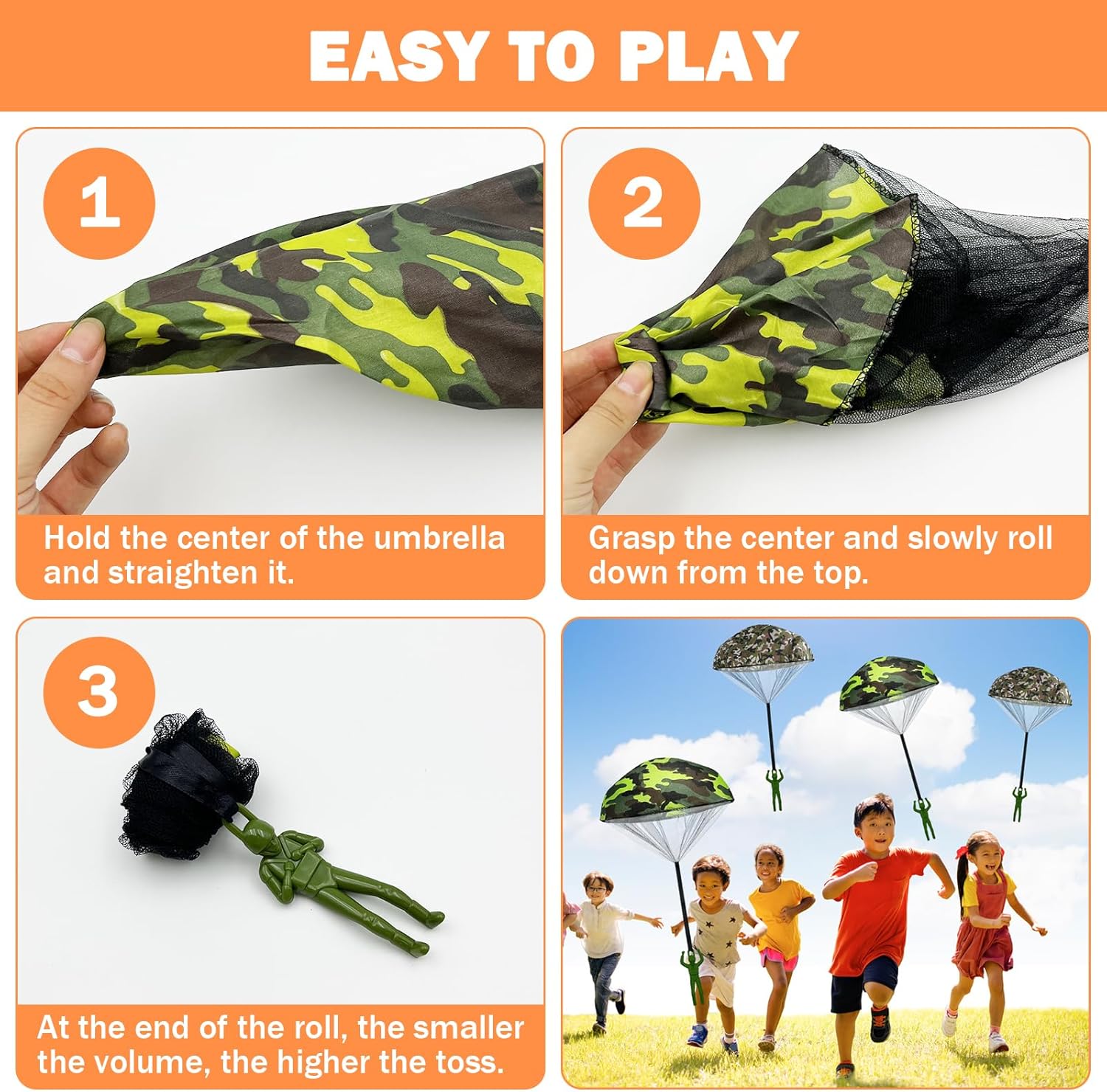 Juego de 4 juguetes de paracaídas sin enredos, lanzar a mano, soldados, cuadrado, para exteriores, juguetes voladores para niños  Edad más de 3 años
