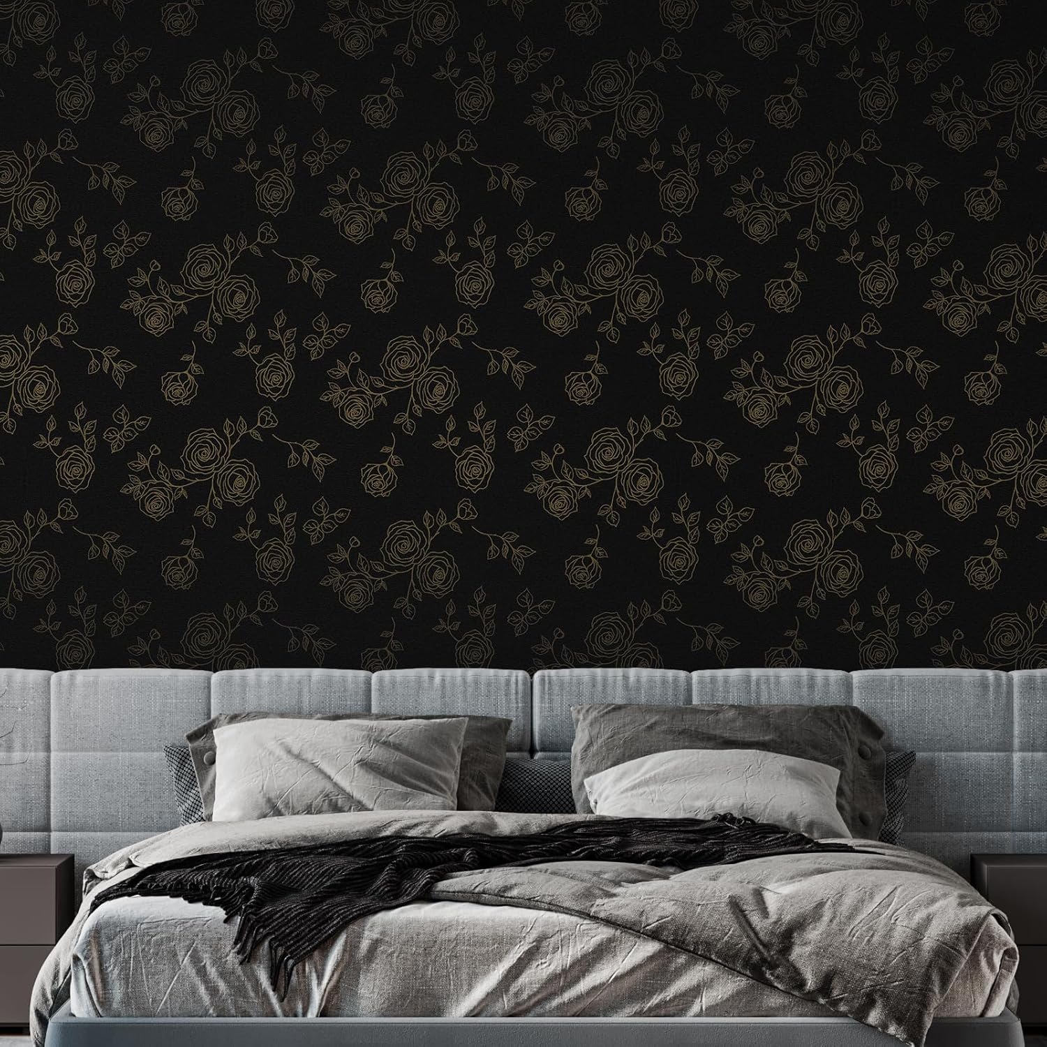 Amiya Papel tapiz de flores para despegar y pegar, papel tapiz bohemio dorado y negro, renovación de dormitorios, armarios, etc. Papel tapiz de