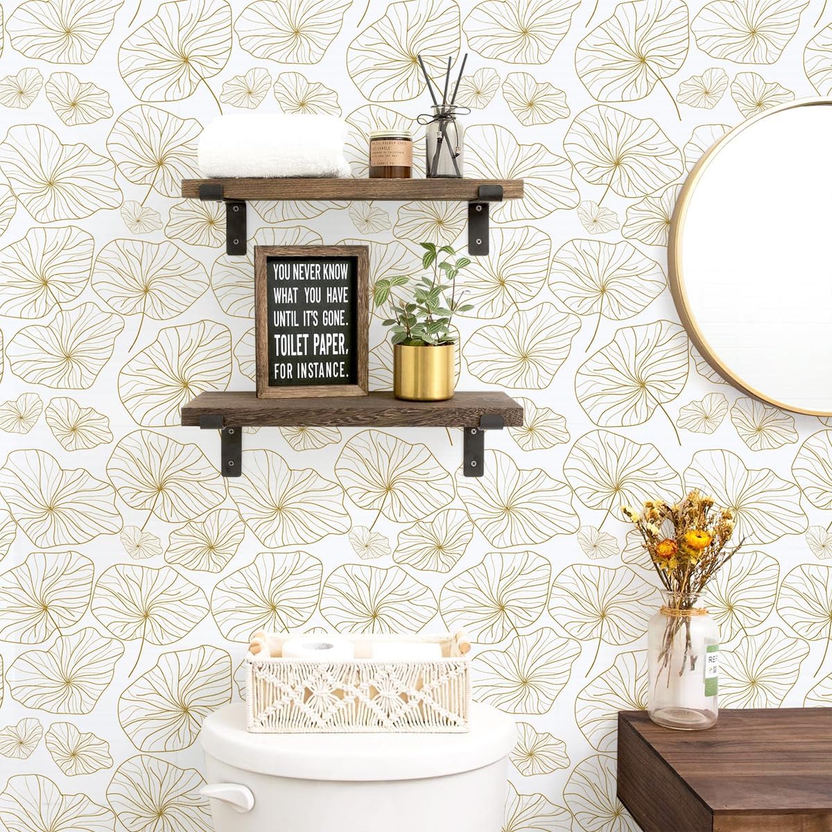 Papel tapiz dorado y blanco para despegar y pegar, papel de contacto floral bohemio, hoja de loto, extraíble, papel tapiz autoadhesivo para cocina,