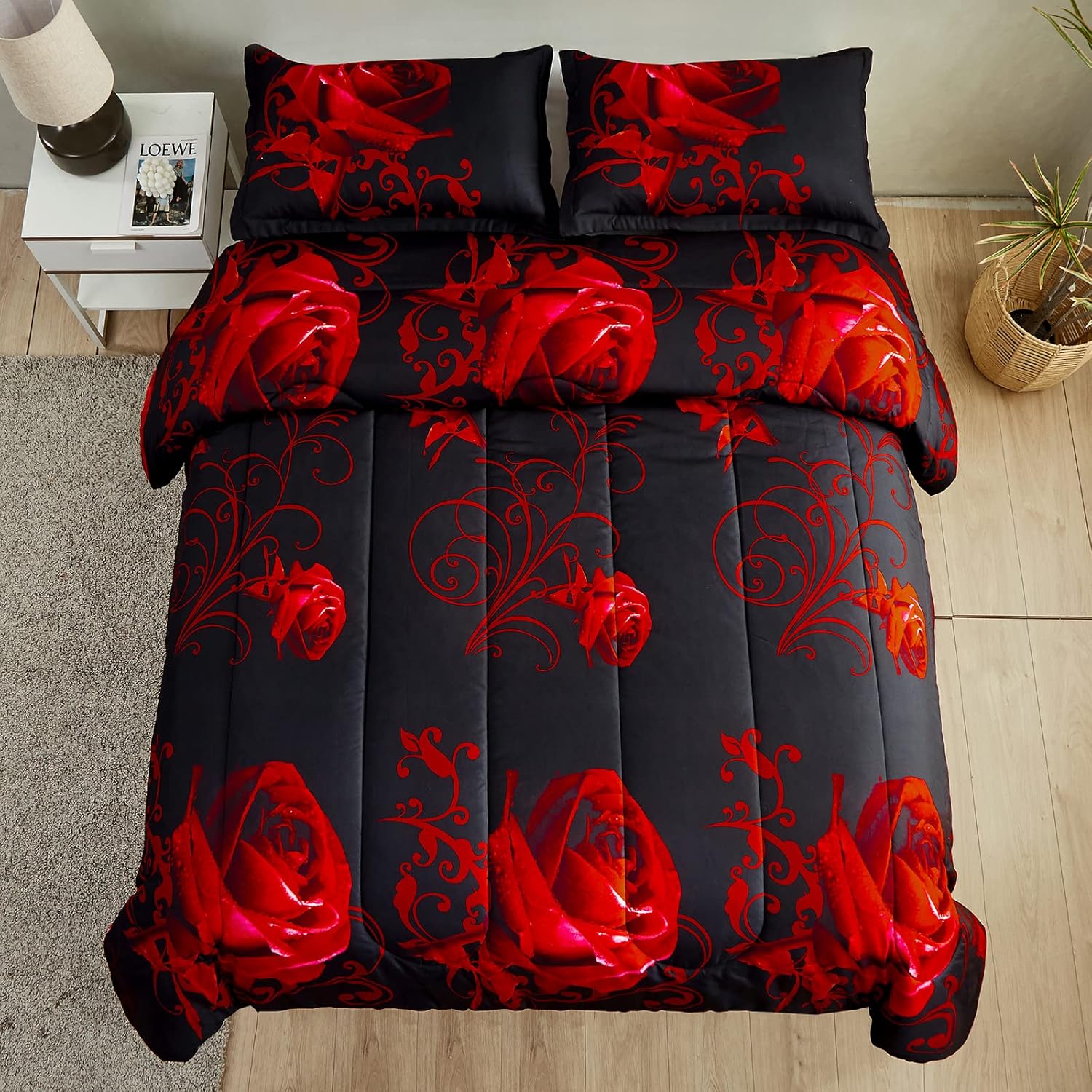 Juego de edredón rojo reversible con patrón de rosas rojas con 2 fundas de almohada para todas las estaciones, juego de ropa de cama ligero de