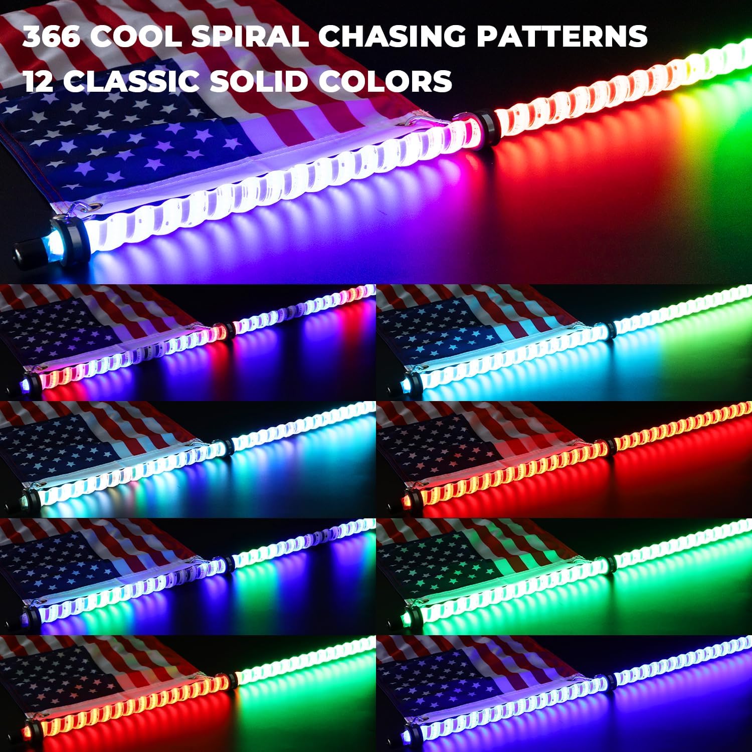 2 luces LED de látigo de 3 pies con base magnética y base de resorte, Bluetooth y control remoto RGB en espiral de 360, persecución de advertencia