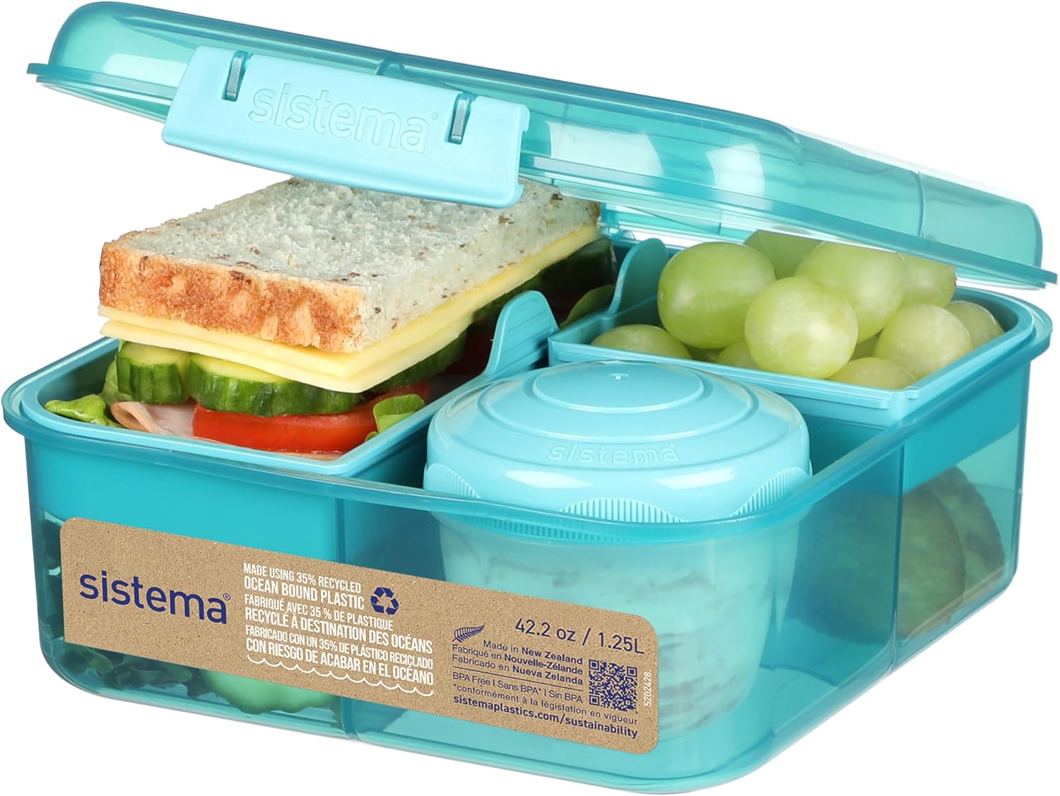 Sistema Bento Box To Go – Fiambrera con yogurmaceta de frutas 1,25 L, hecha con plástico reciclado, reciclable con piedra verde azulado