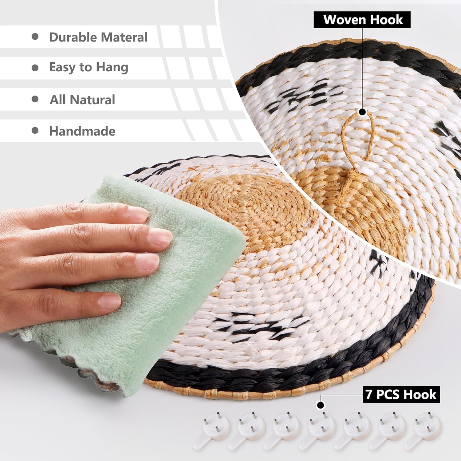 Juego de 6 cestas de pared tejidas para colgar, grandes, redondas, rústicas, rústicas, modernas, decoración de pared de ratán y seegrass hecha a