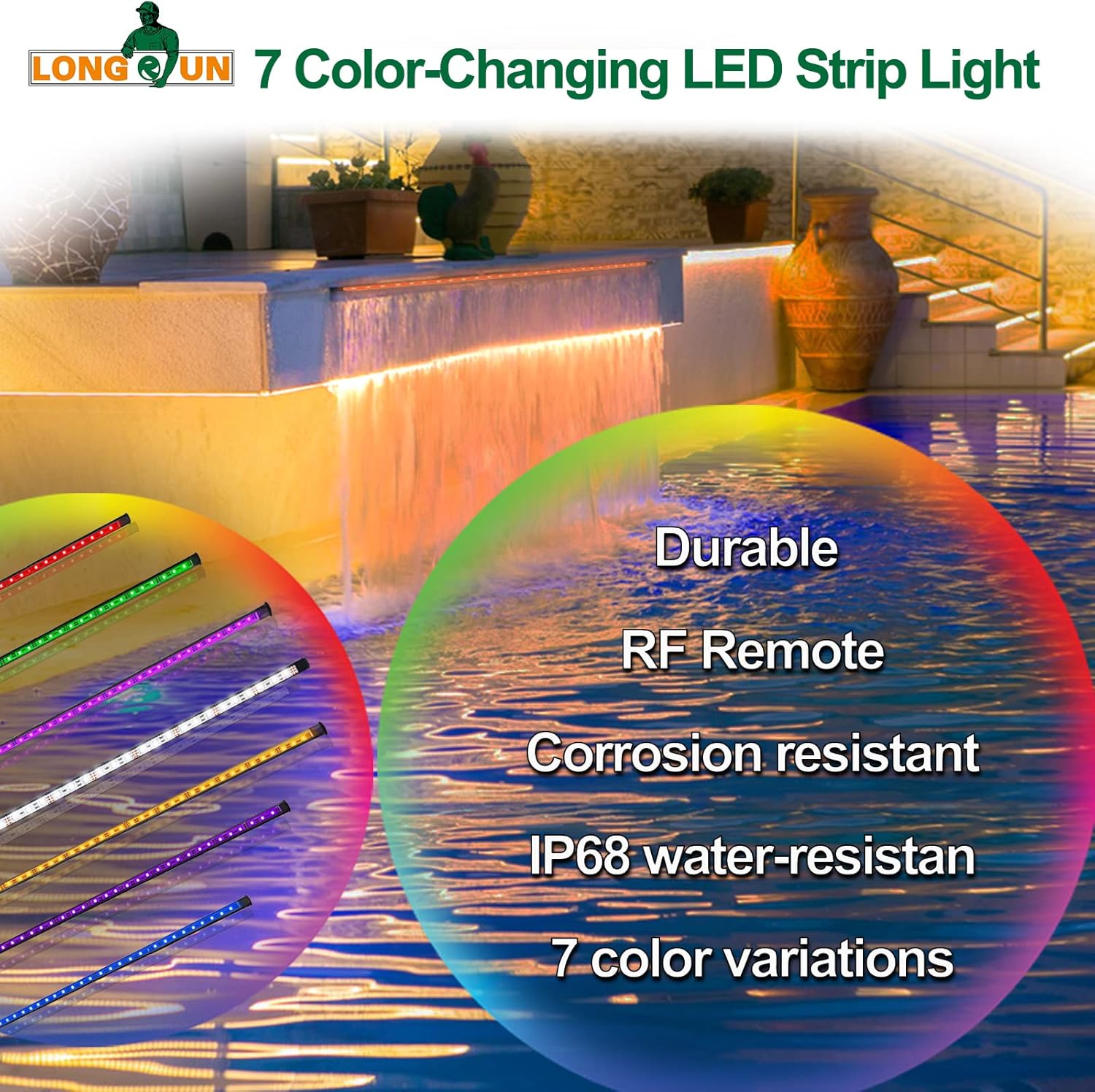 Longrun Tira de luces LED que cambian de color para jardín, cascada, control por aplicación, barra de iluminación impermeable para decoración del