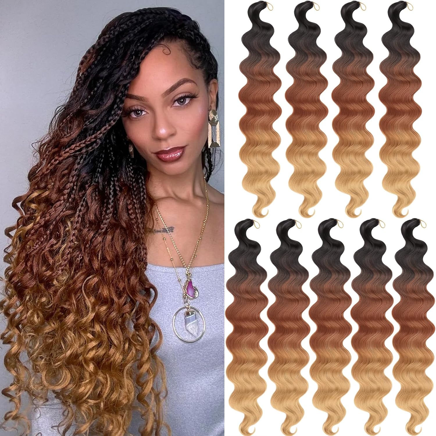 Unionbeauty – Paquete de 9 paquetes de cabello ondulado ondulado preemplumado para trenzas de caja bohemia, trenzas de ganchillo sintéticas,