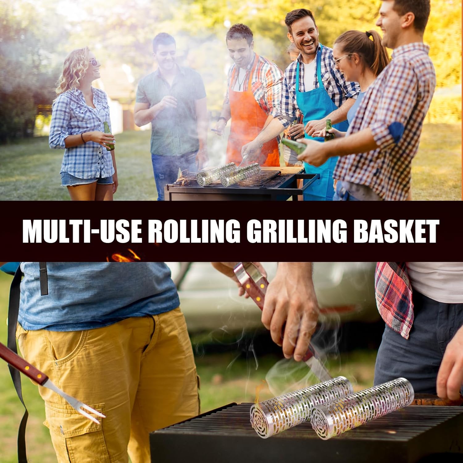 Grill Basket 2 PCS, Rolling Grill Baskets for Outdoor Grill BBQ Grill Basket, Round Stainless Steel Grill Mesh Barbeque Grill Accessories, Camping