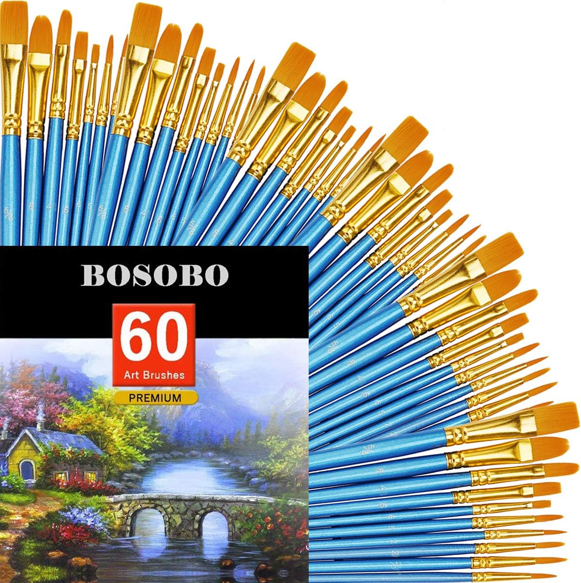 BOSOBO Juego de 6 pinceles de pintura, 60 pinceles de punta redonda puntiaguda, pinceles de nailon para artistas del cabello acrílicos para aceite
