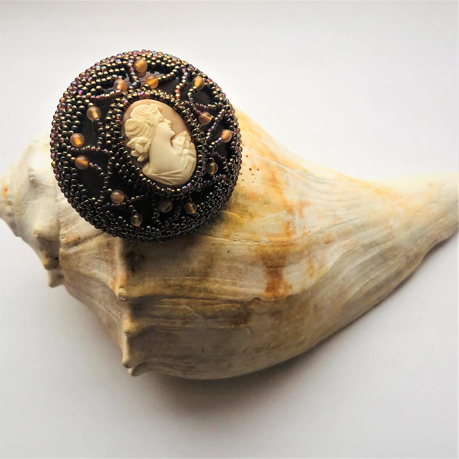 Victorian Genuine Cameo Brooch Embroidered OOAK Beadwoven Coffee Mocha Bronze Ladies of Style Gift