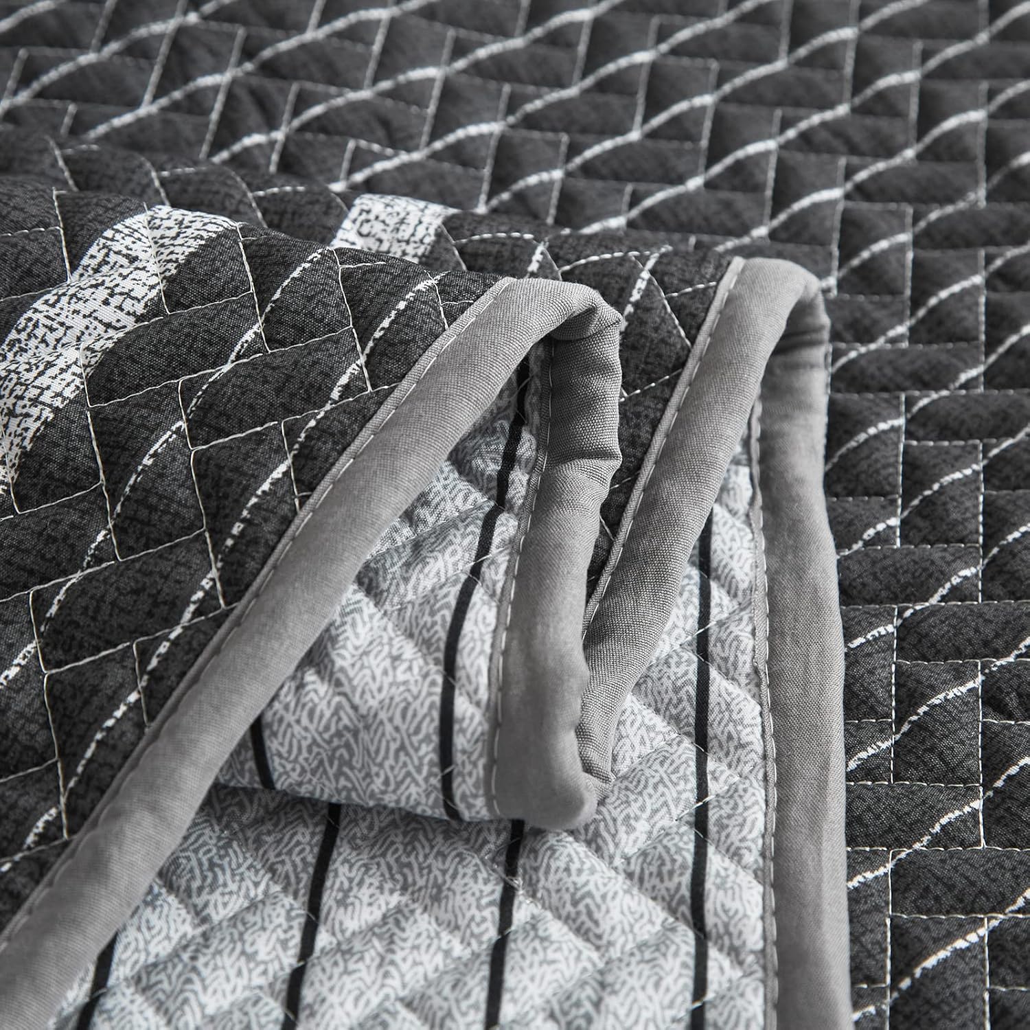Flysheep Juego de edredón bohemio gris oscuro tamaño individual para niños, 2 piezas de edredón reversible a rayas blancas sobre negro, colcha de