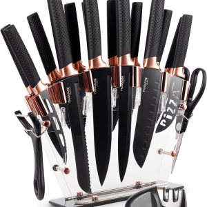 nuovva Juego de cuchillos de cocina profesionales con bloque, juego de cuchillos de cobre de 17 piezas con cuchillos para carne, bloque de acrílico nuovva Juego de cuchillos de cocina profesionales con bloque, juego de cuchillos de cobre de 17 piezas con cuchillos para carne, bloque de acrílico