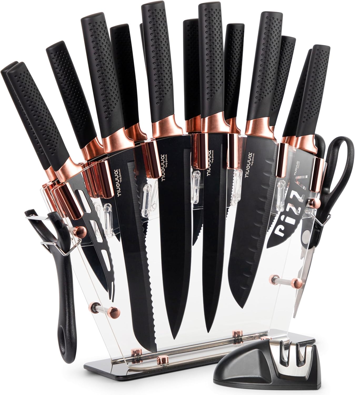 nuovva Juego de cuchillos de cocina profesionales con bloque, juego de cuchillos de cobre de 17 piezas con cuchillos para carne, bloque de acrílico