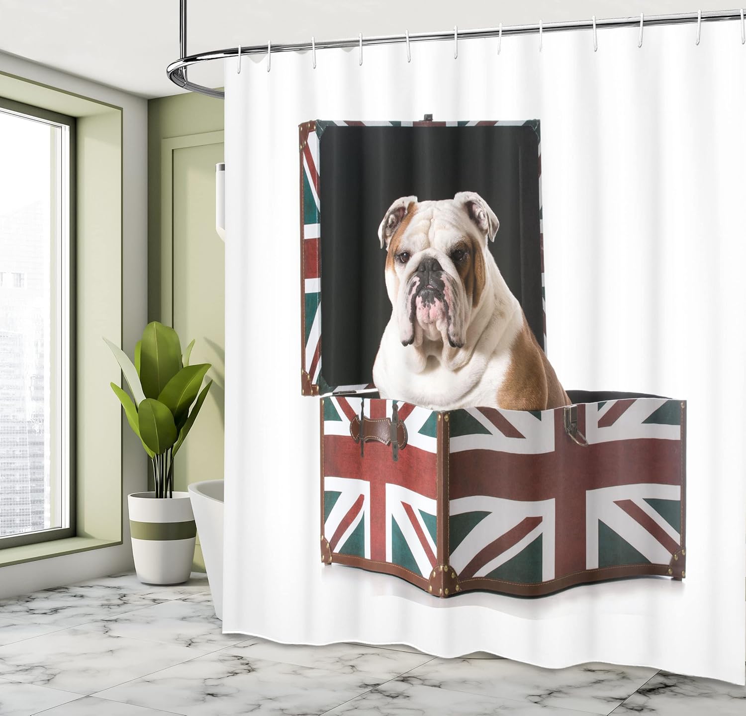 Ambesonne Cortina de ducha de Bulldog Inglés, Bulldog sentado en Union Jack Britain, diseño patriótico, juego de decoración de baño de tela con