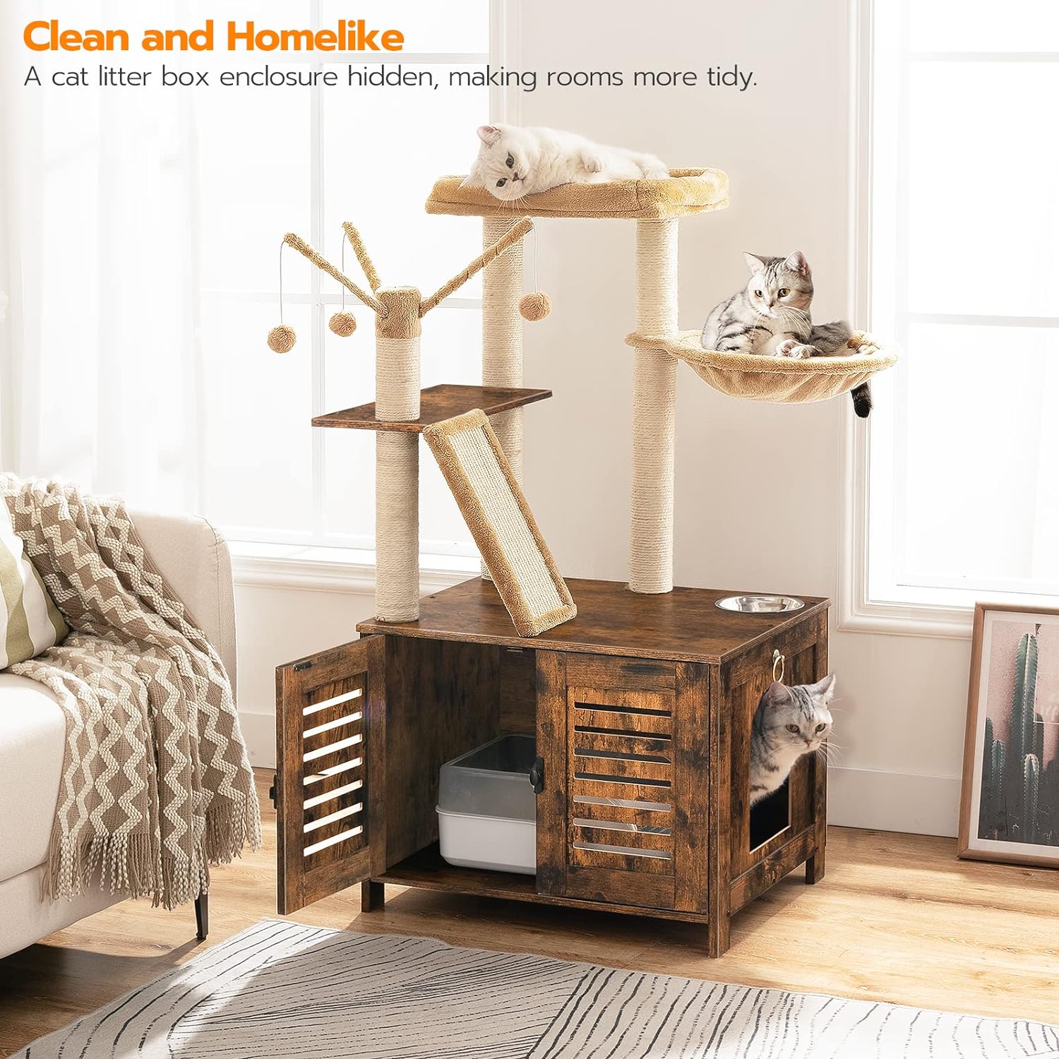 Árbol para gatos con caja de arena, torre de madera para gatos de 44 pulgadas de alto con postes rascadores, hamaca para gatos, muebles de caja de