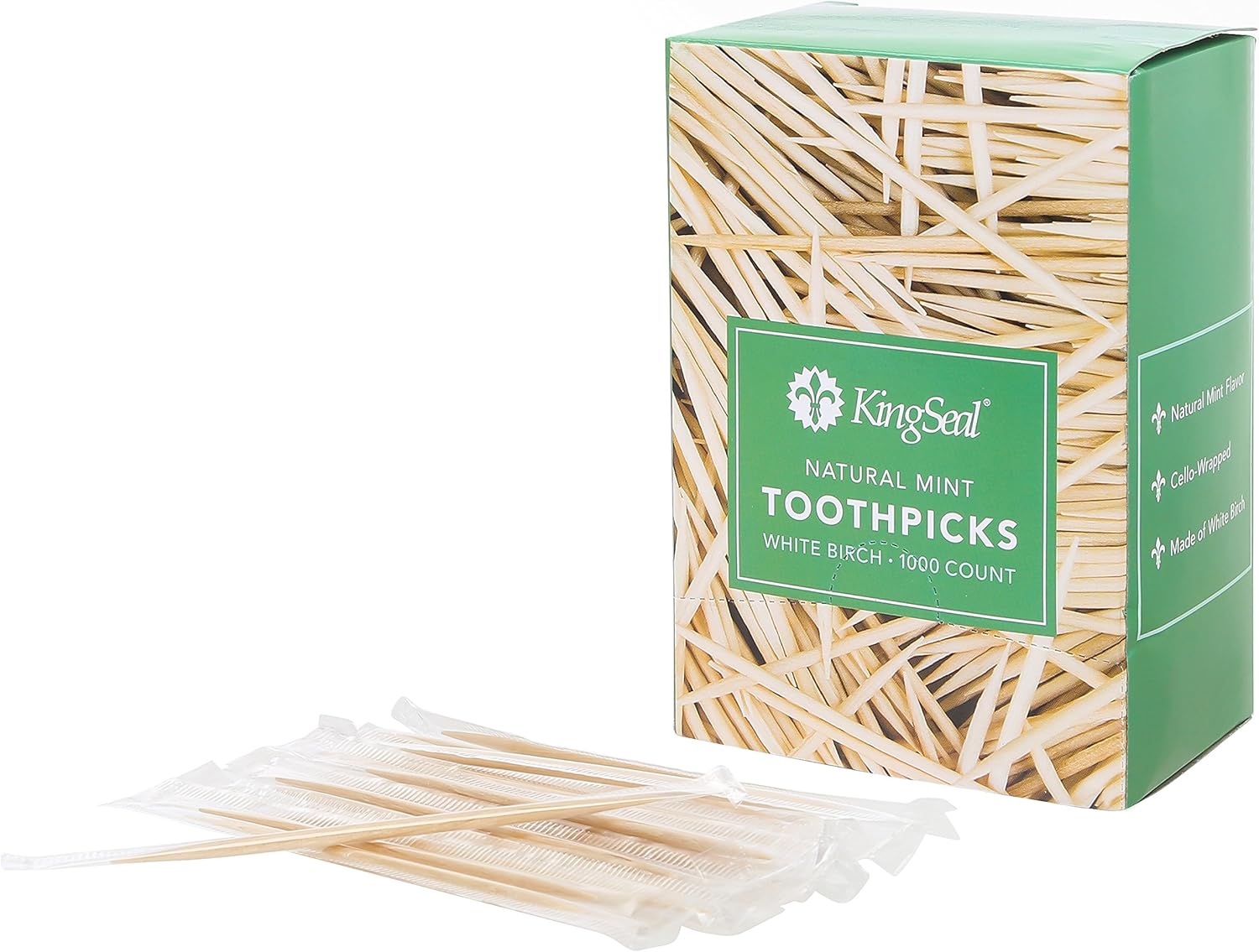 KingSeal Palillos de dientes de madera de abedul con sabor a menta envueltos individualmente en violonchelo, 2.5 pulgadas, 4 cajas de 1000 unidades