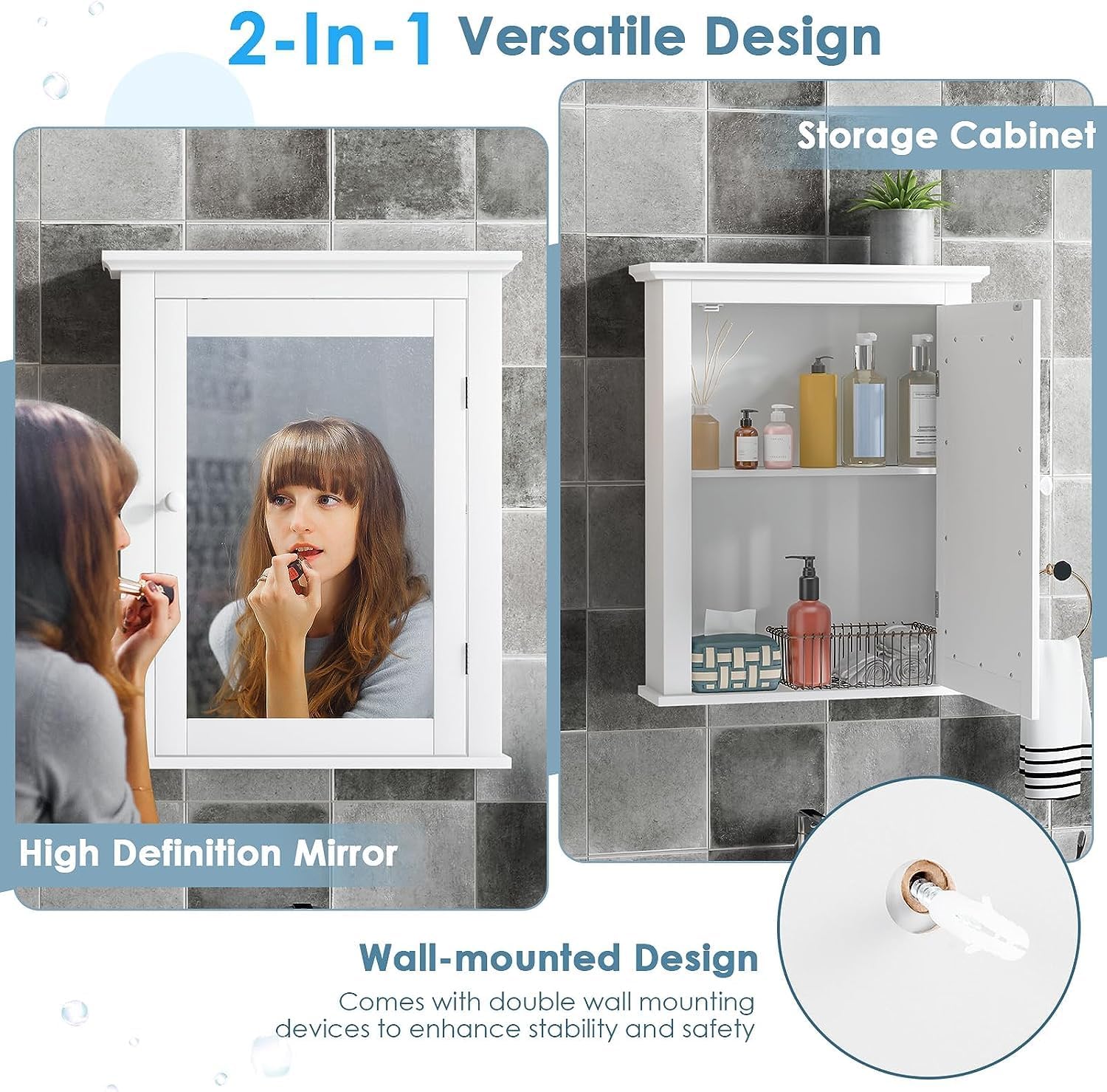 Safeplus Versátil botiquín de baño montado en la pared con espejo, organizador de almacenamiento ajustable para sala de estar, dormitorio, entrada,