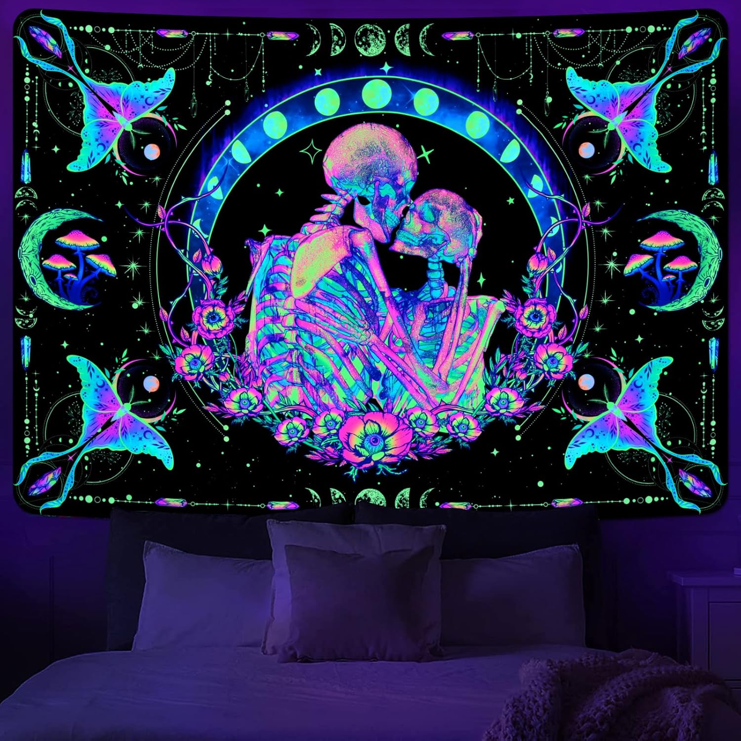 Uspring Tapiz de calavera de luz negra, tapices de fases lunares, tapiz hippie con mandala, polilla UV, tapiz para amantes de esqueletos, tapiz para