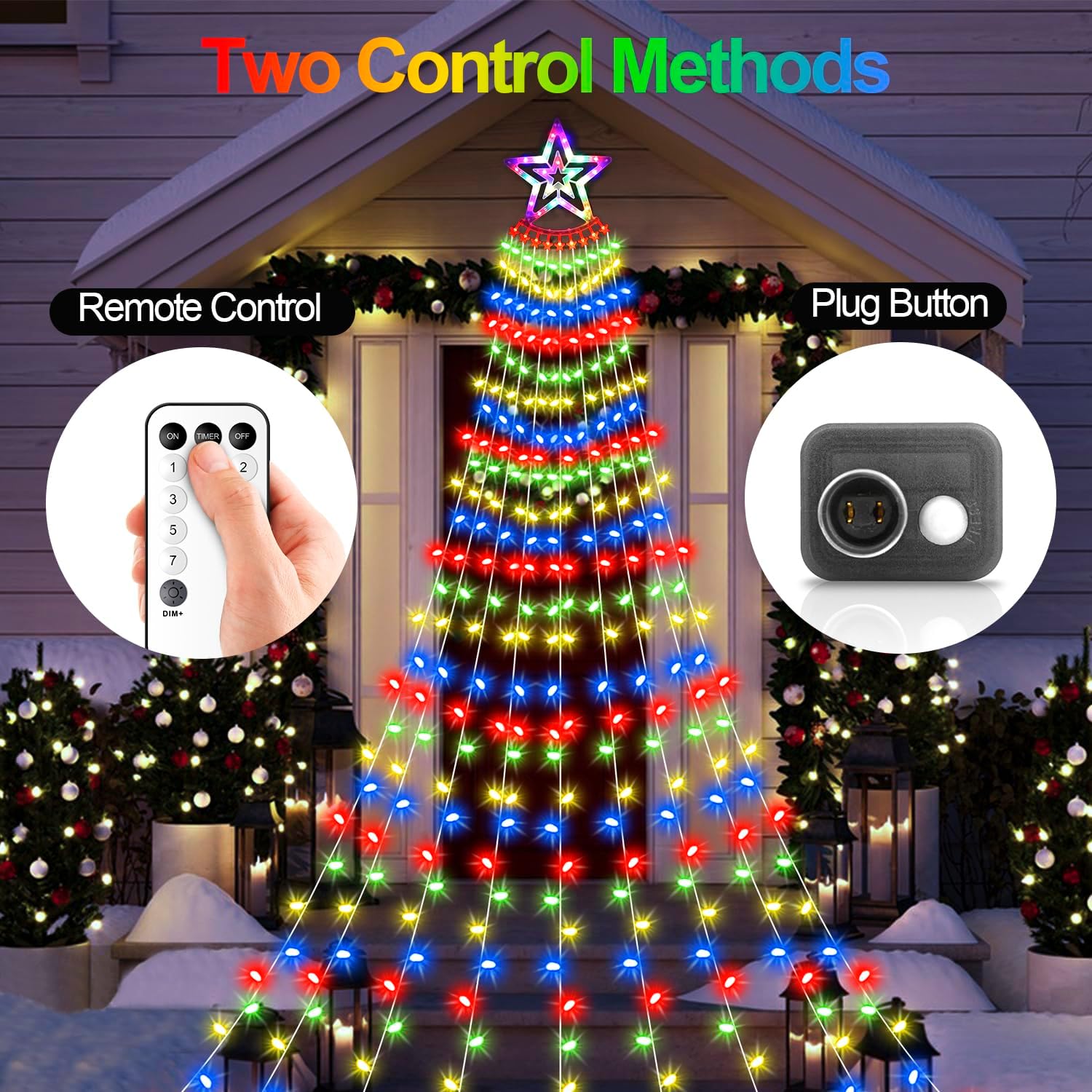 Luces de estrella para decoración de Navidad al aire libre, 11.48 pies, 350 luces LED de árbol de cascada con 8 modos de temporizador, control